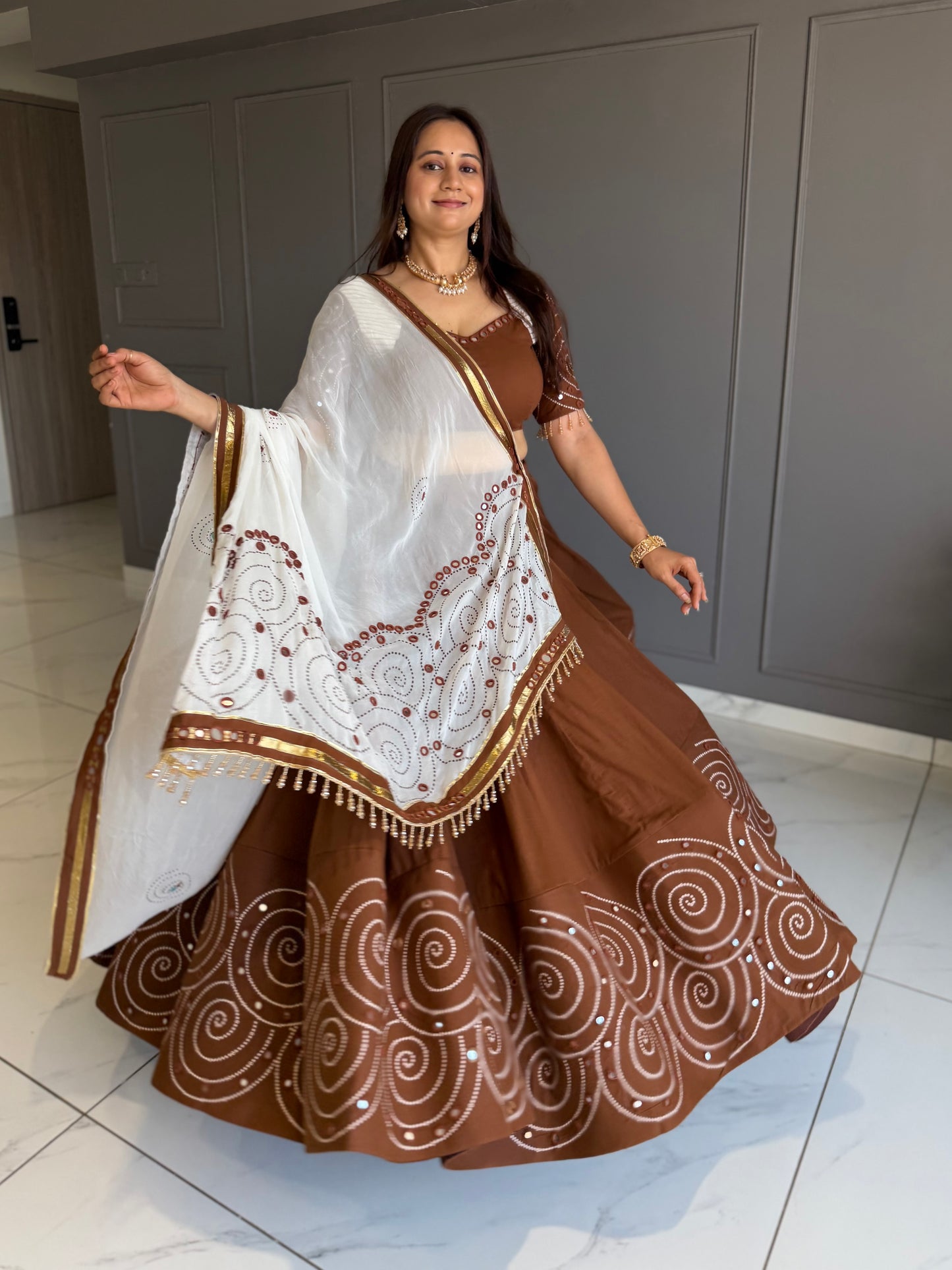Brown White Hand mirror work Chaniya Choli Set