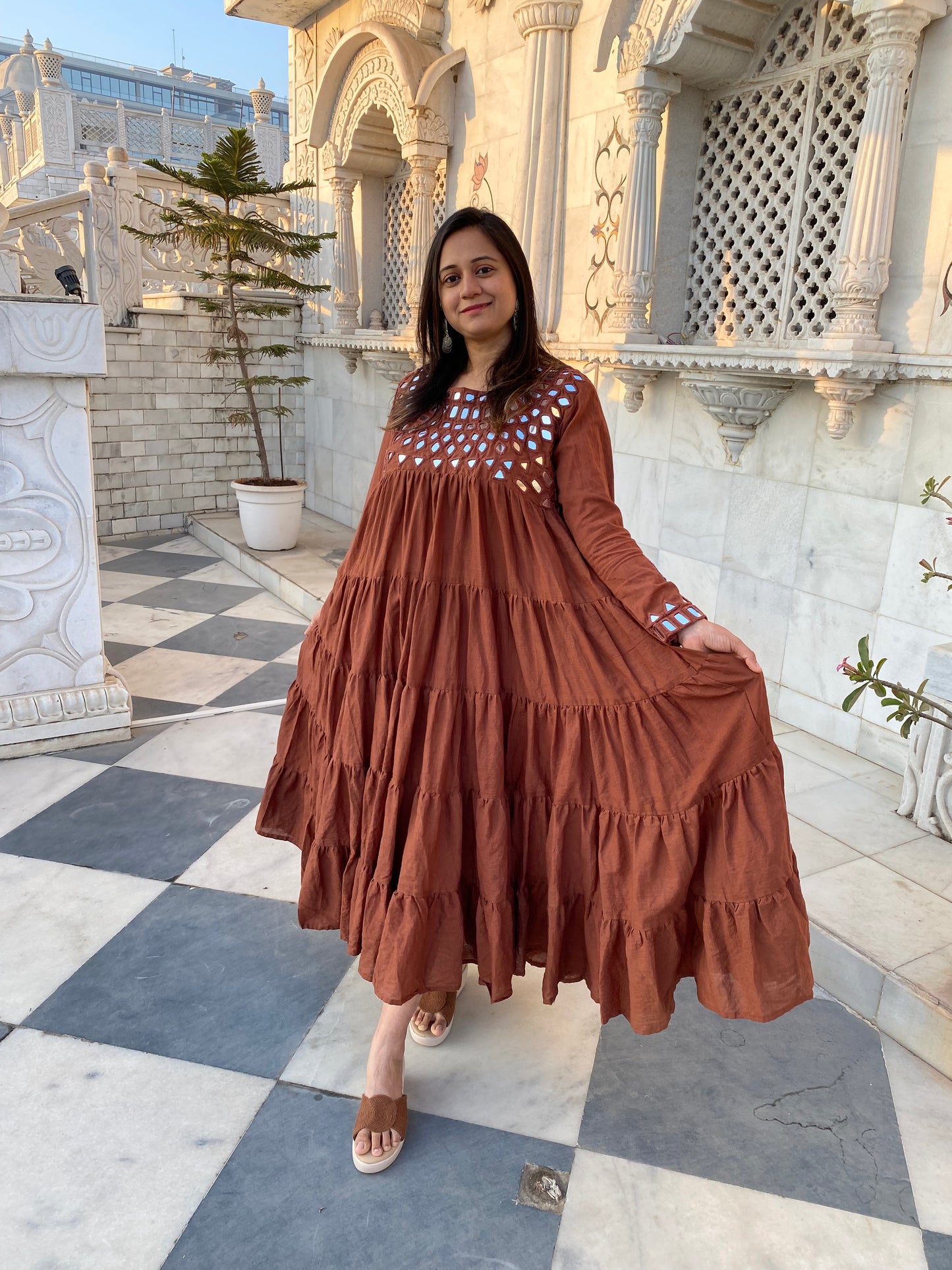 Brown Cotton Mirror Work Long Dress