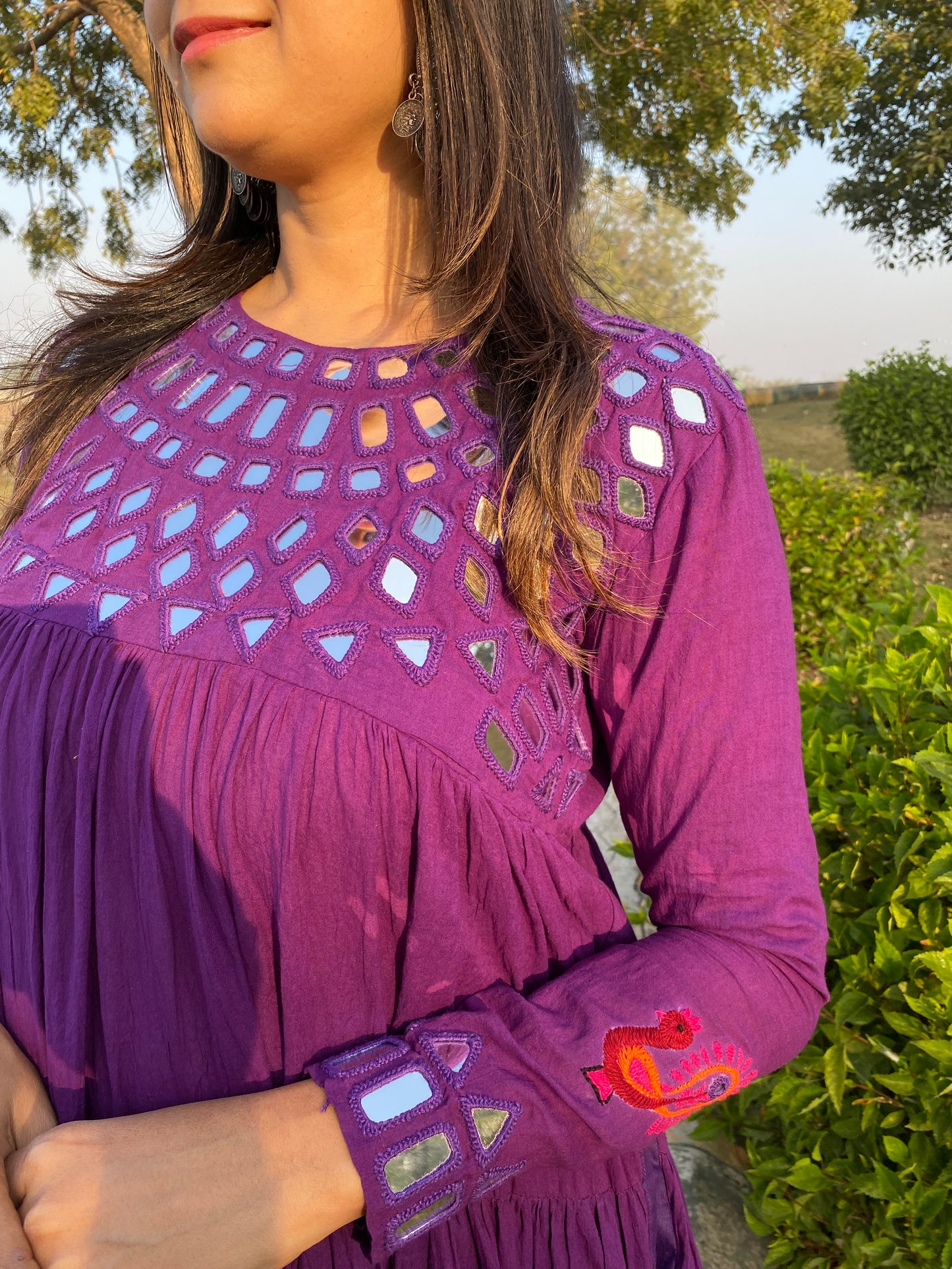 Purple Cotton Mirror Work Long Dress