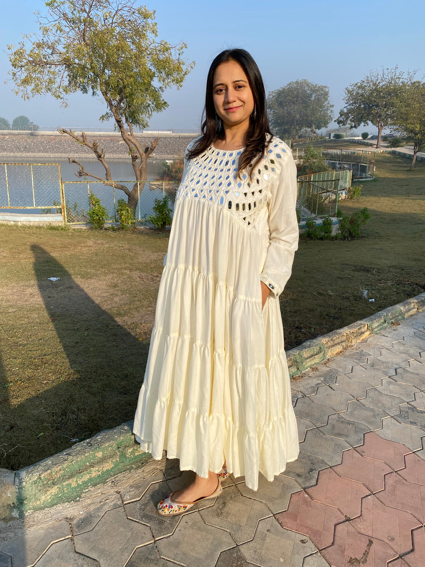 Ivory Cotton Mirror Work Long Dress
