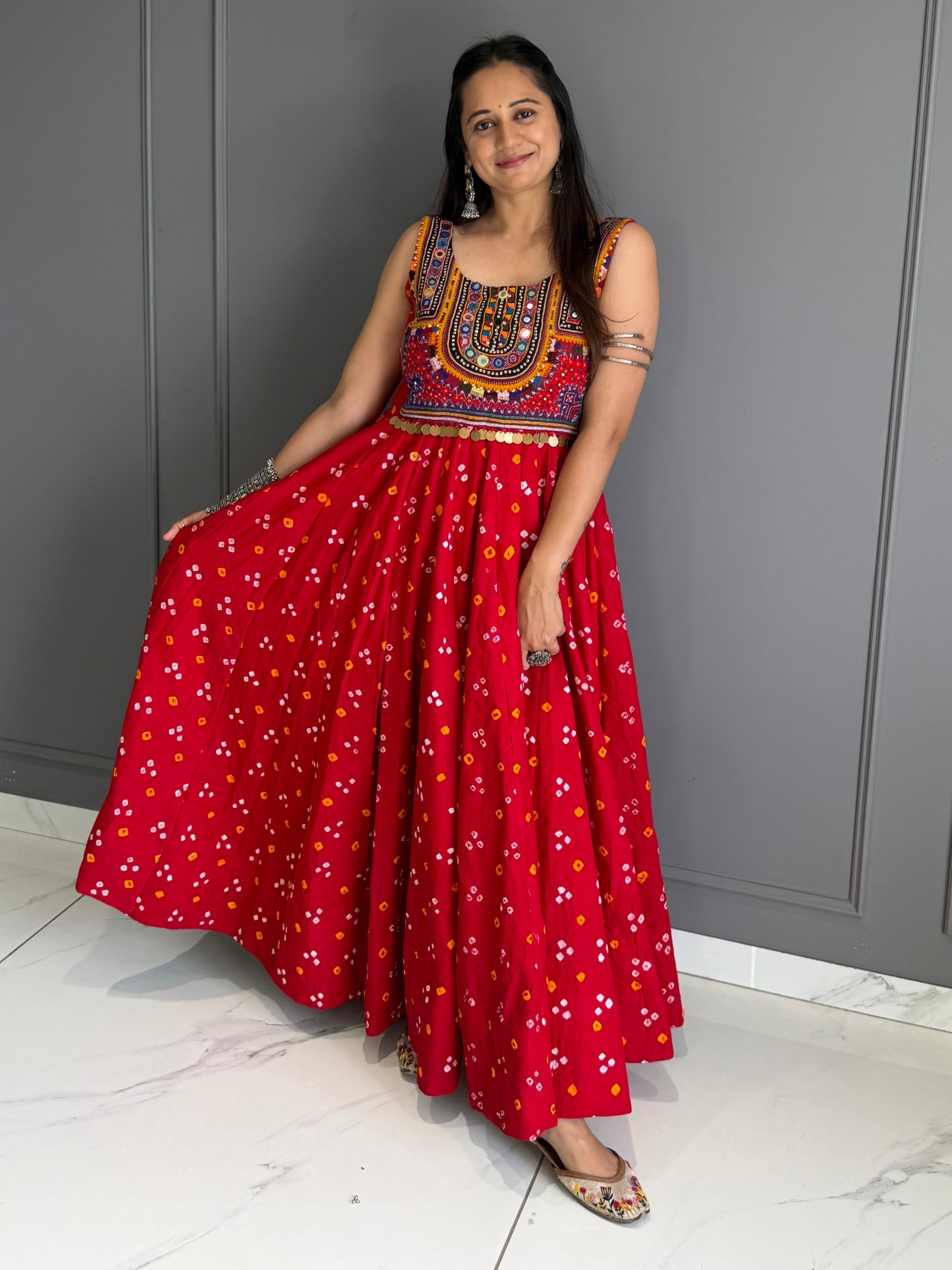Red Bandhej Cotton Silk Dress
