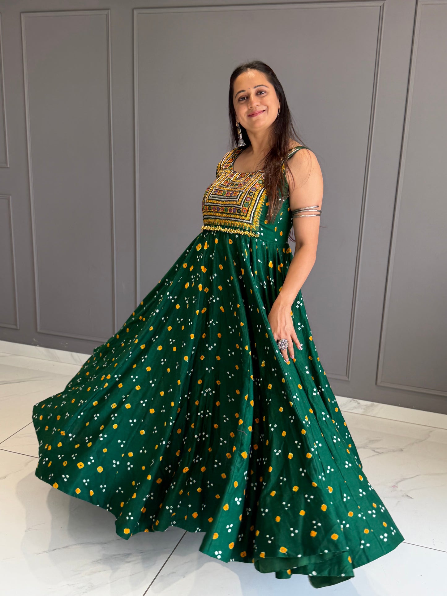 Green Bandhej Cotton Silk Dress