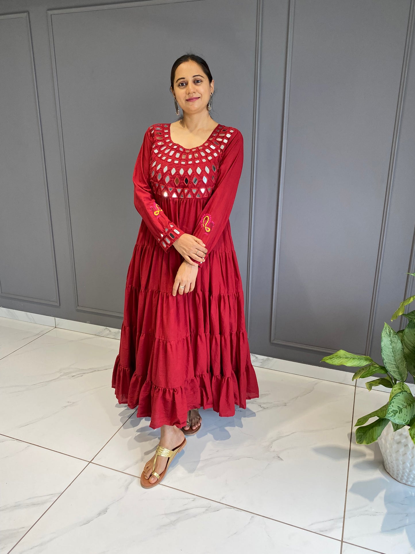 Red Cotton Mirror Work Long Dress