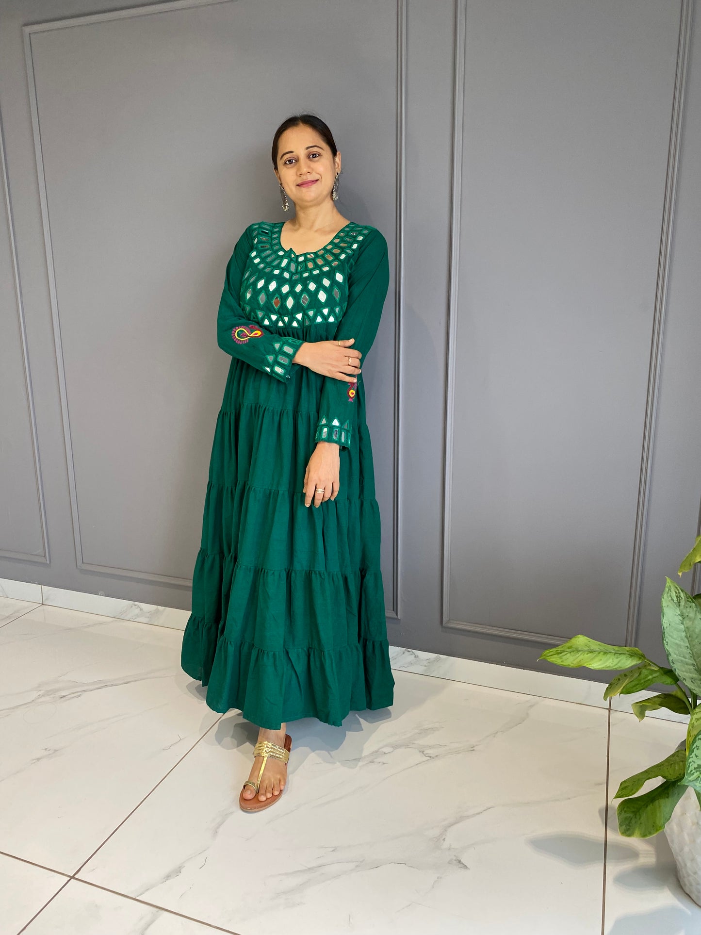 Green Cotton Mirror Work Long Dress