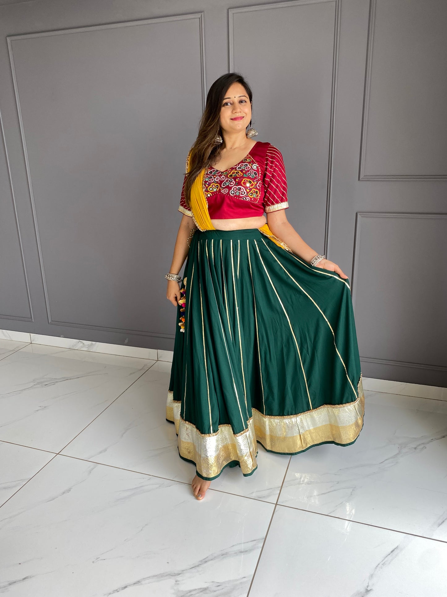 Gamthi Green Red Yellow Chaniya Choli