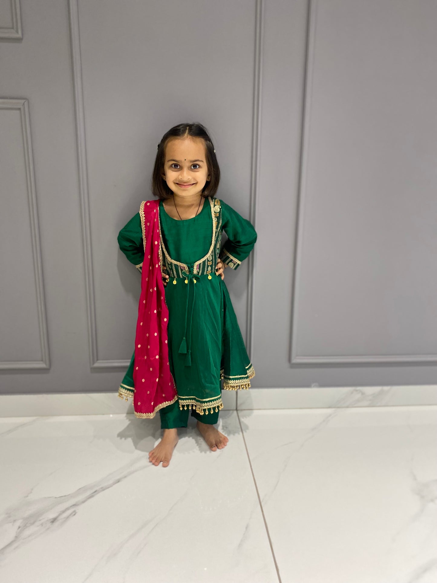 Green Anarkali Suit Set Kids