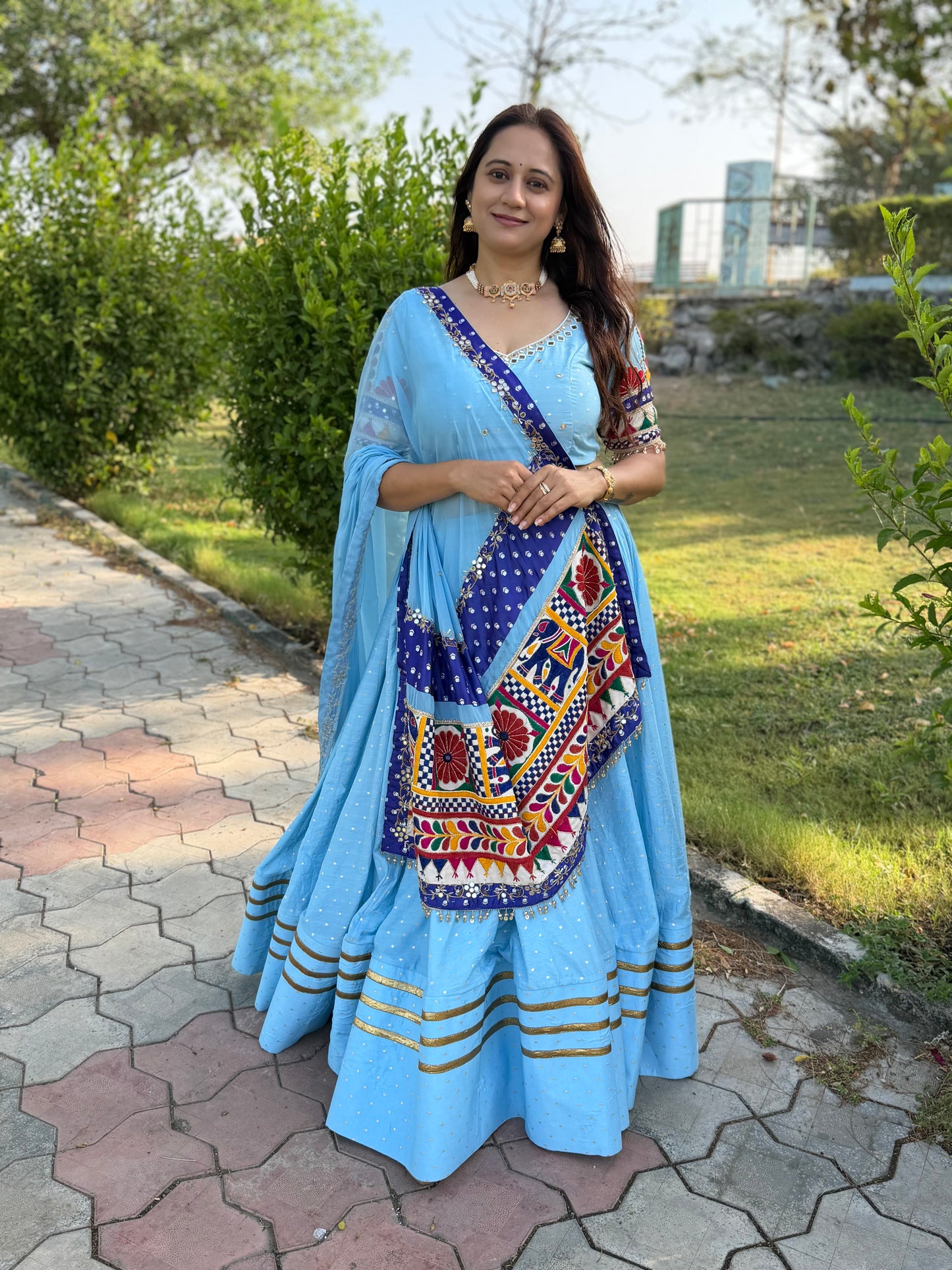 Powder Blue Gamthi Dupatta Chaniya Choli Set
