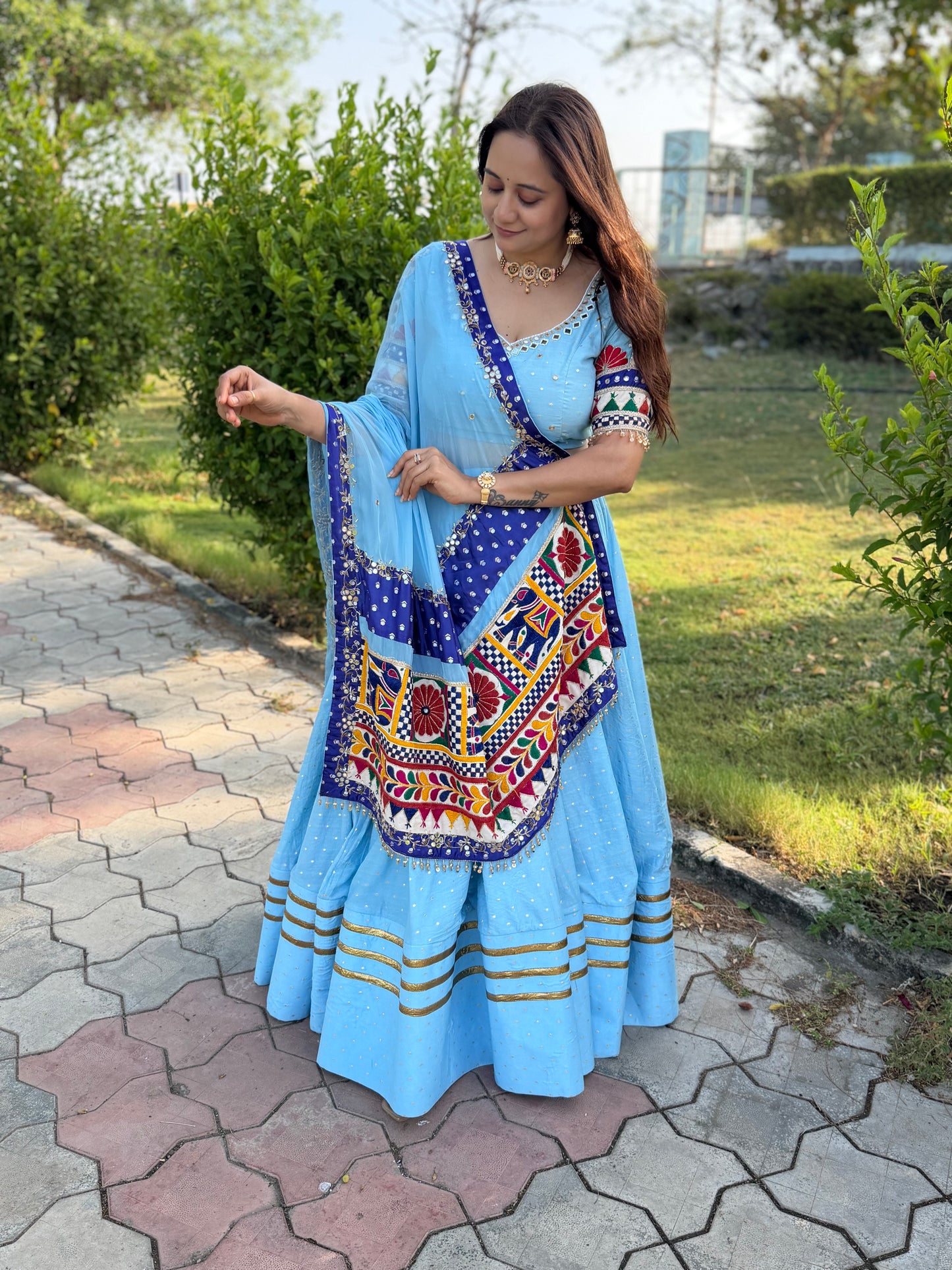 Powder Blue Gamthi Dupatta Chaniya Choli Set