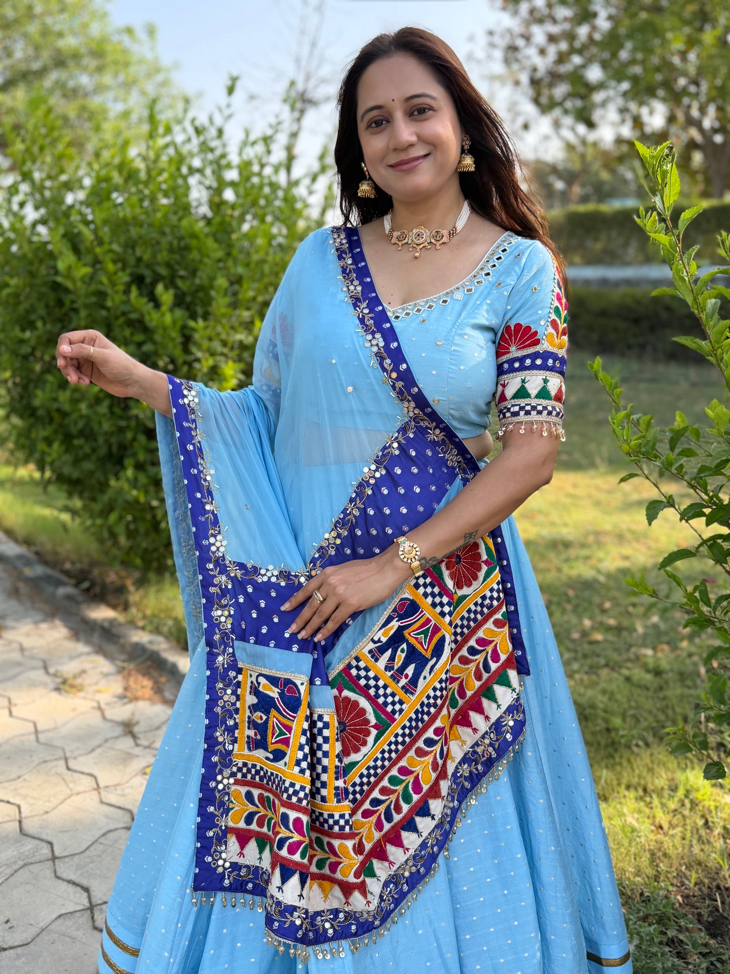 Powder Blue Gamthi Dupatta Chaniya Choli Set