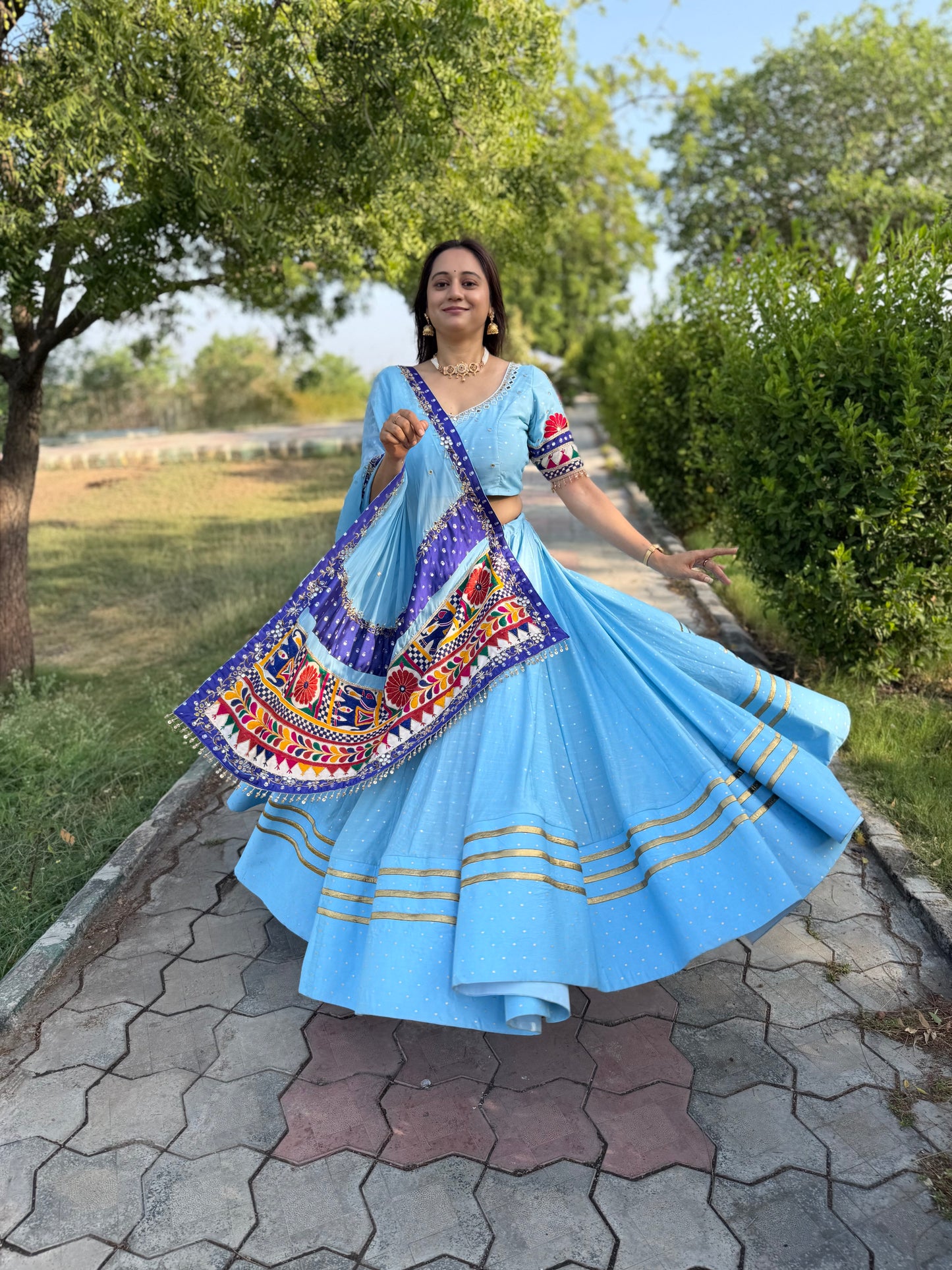 Powder Blue Gamthi Dupatta Chaniya Choli Set