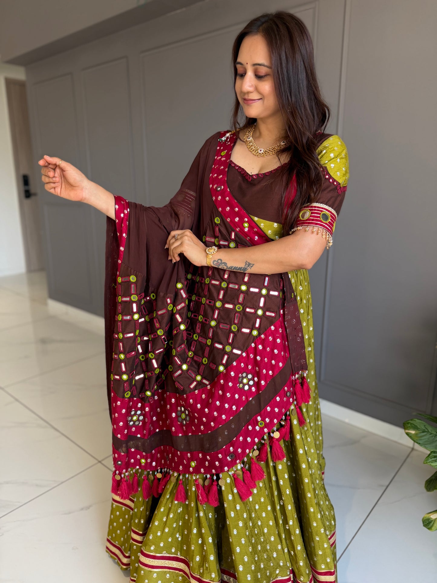 Mehndi and Brown Chaniya Choli set