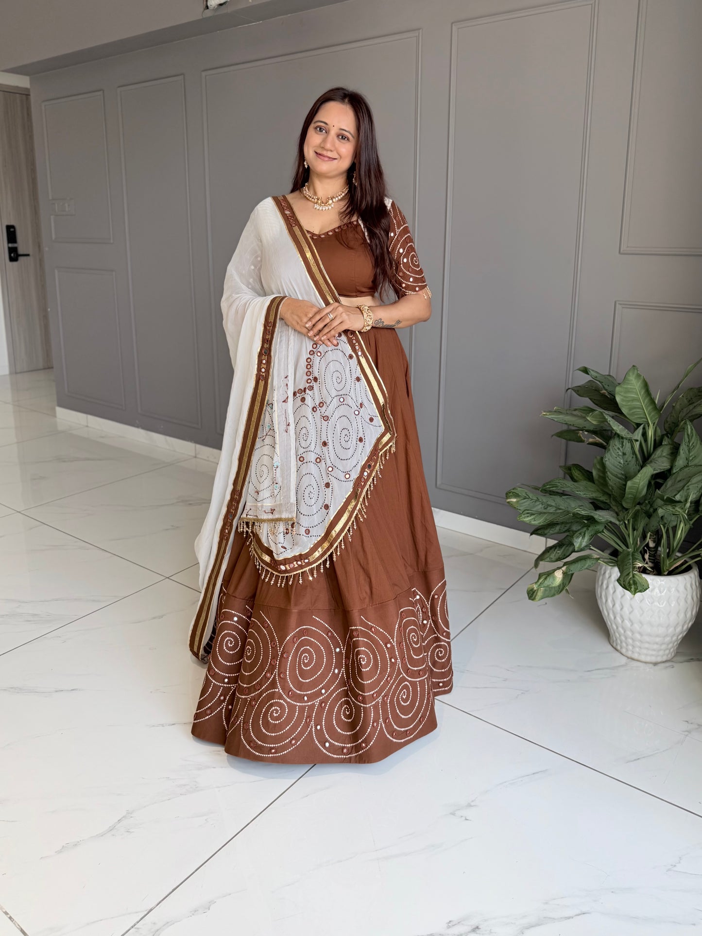 Brown White Hand mirror work Chaniya Choli Set