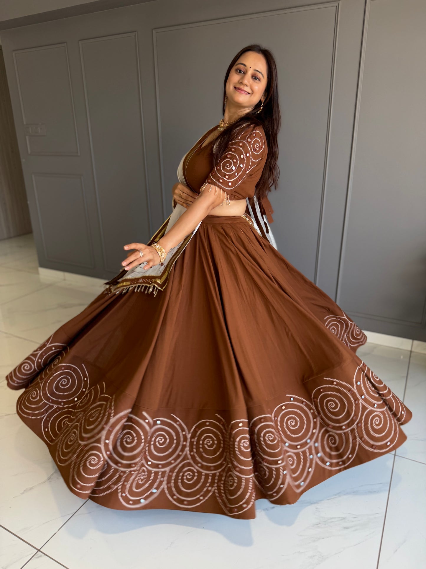Brown White Hand mirror work Chaniya Choli Set