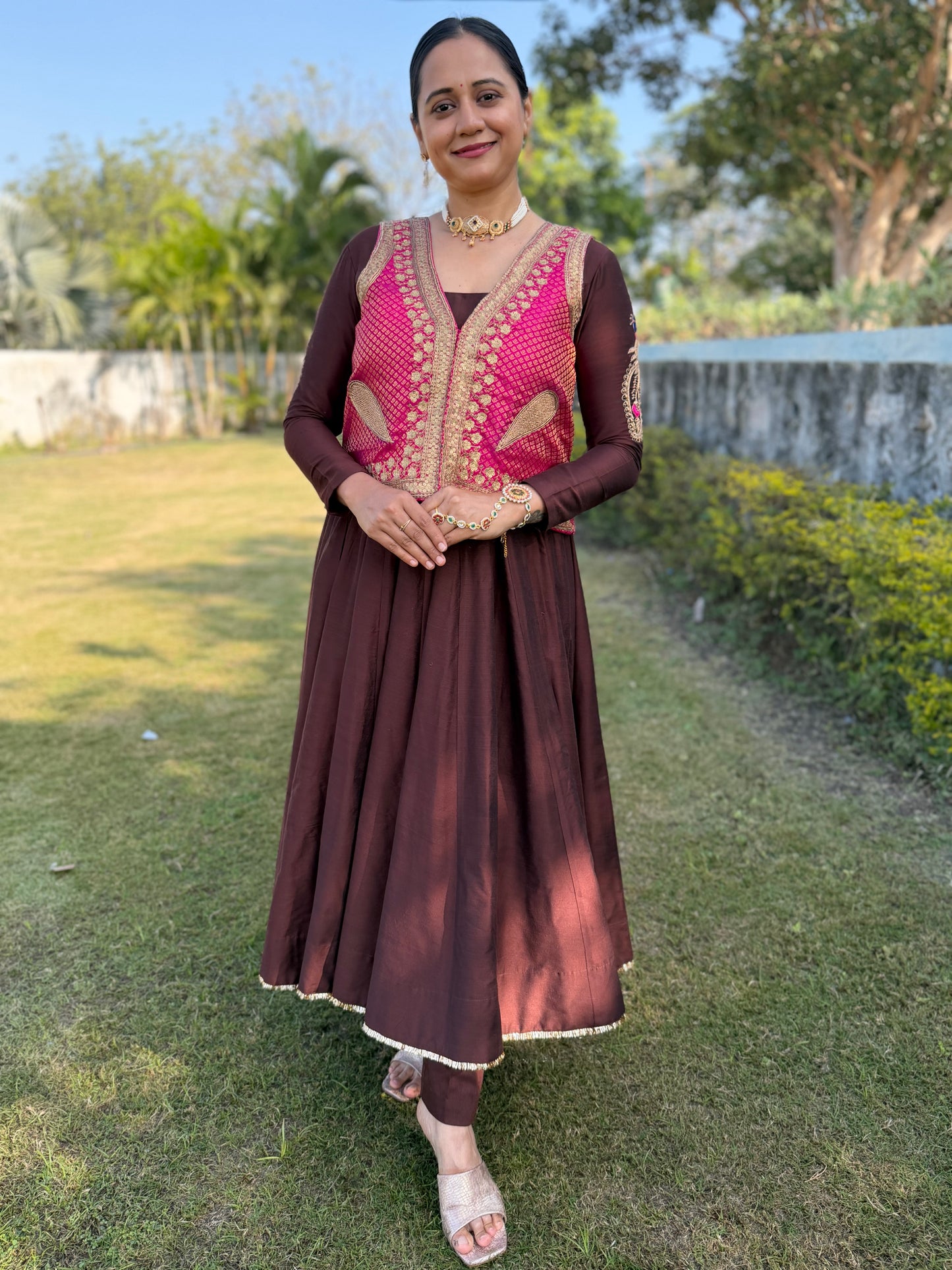 Brown Heritage Jacket Anarkali Suit Set