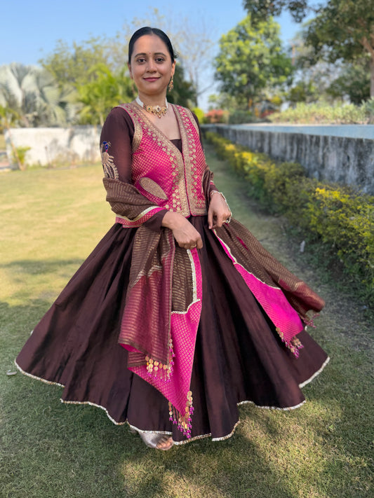 Brown Heritage Jacket Anarkali Suit Set