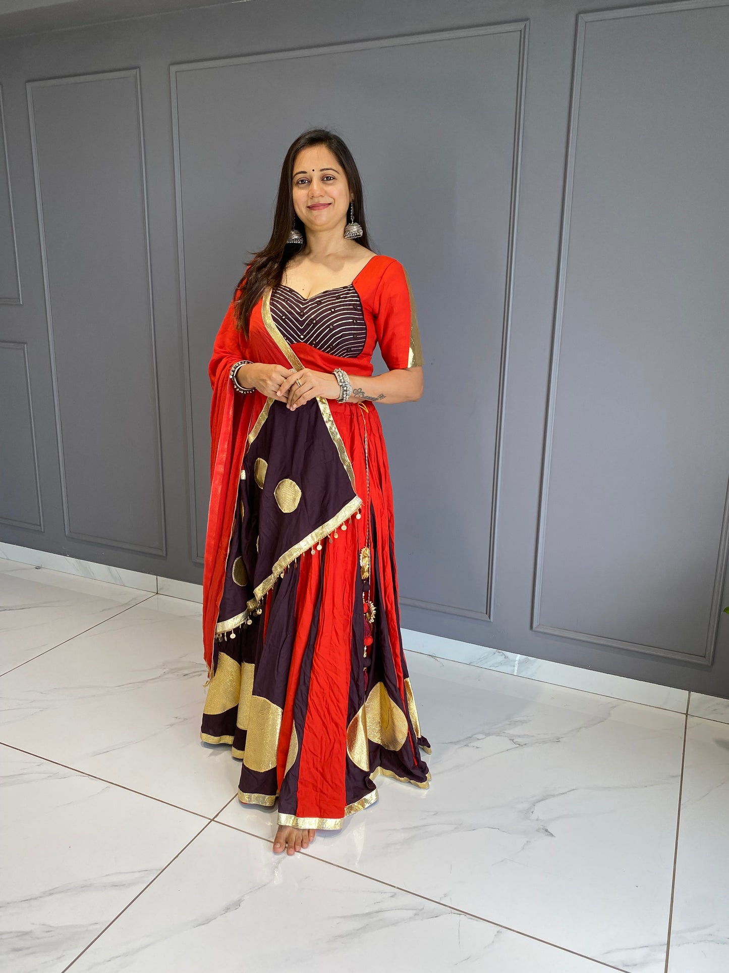 Brown & Rust Orange Lumpo  Circle Chaniya Choli