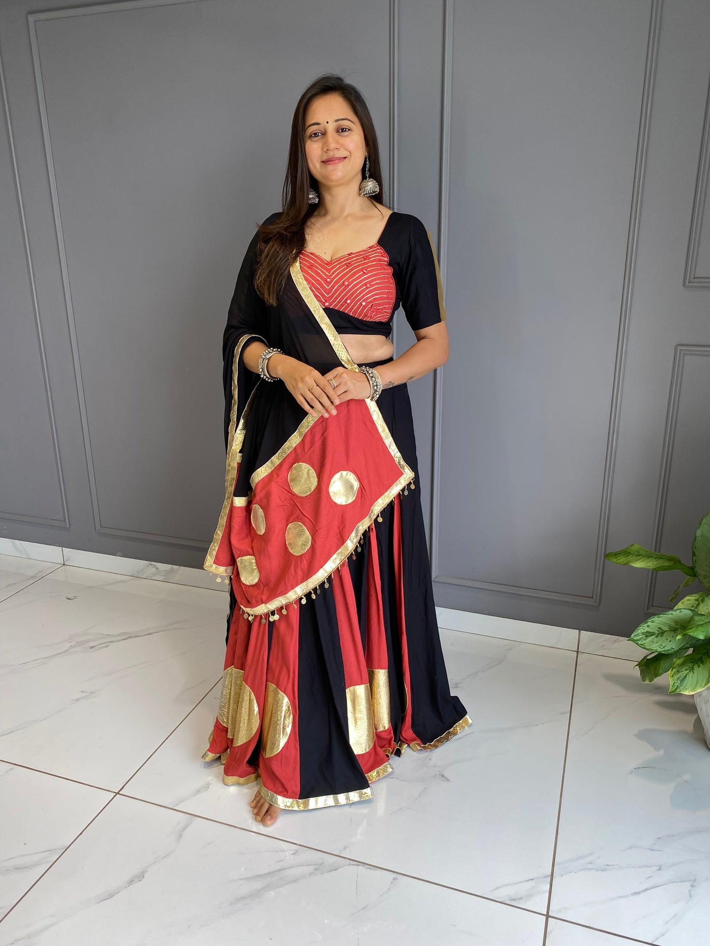 Black & Peach Lumpo Circle Chaniya Choli