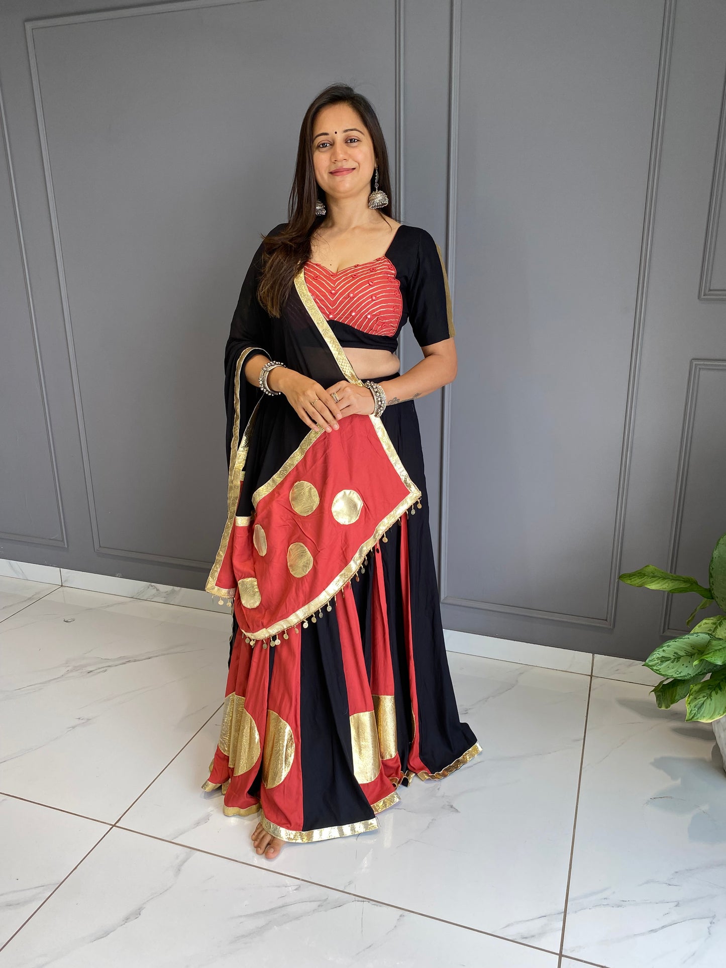 Black & Peach Lumpo Circle Chaniya Choli