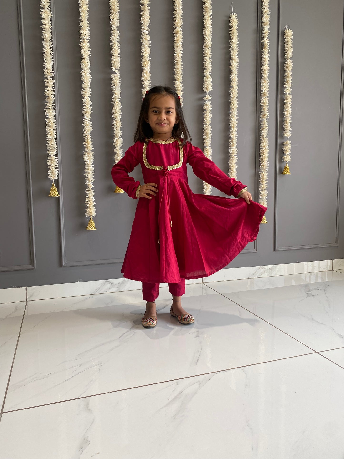 Tomato Red Anarkali Suit Set Kids