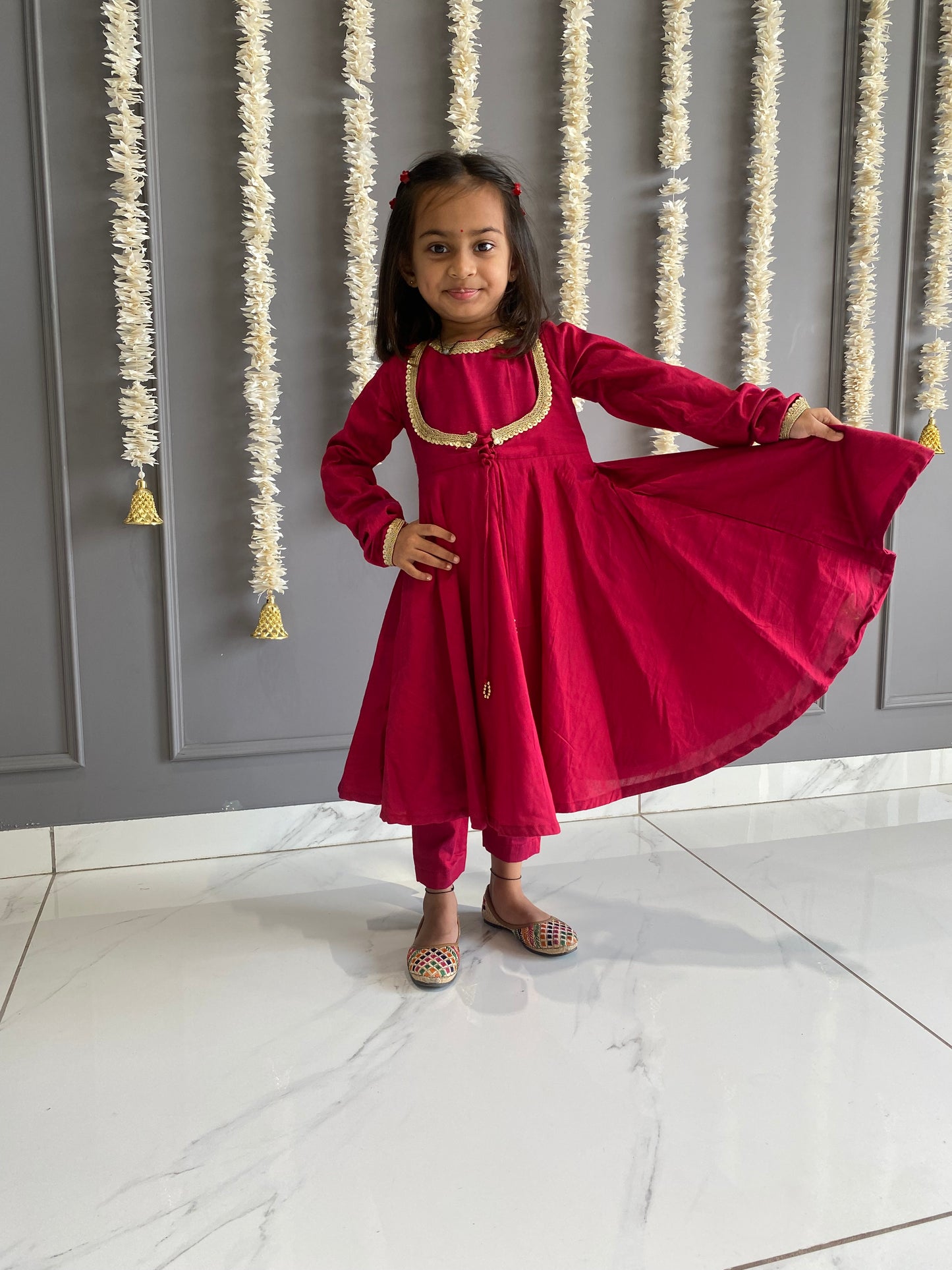 Tomato Red Anarkali Suit Set Kids