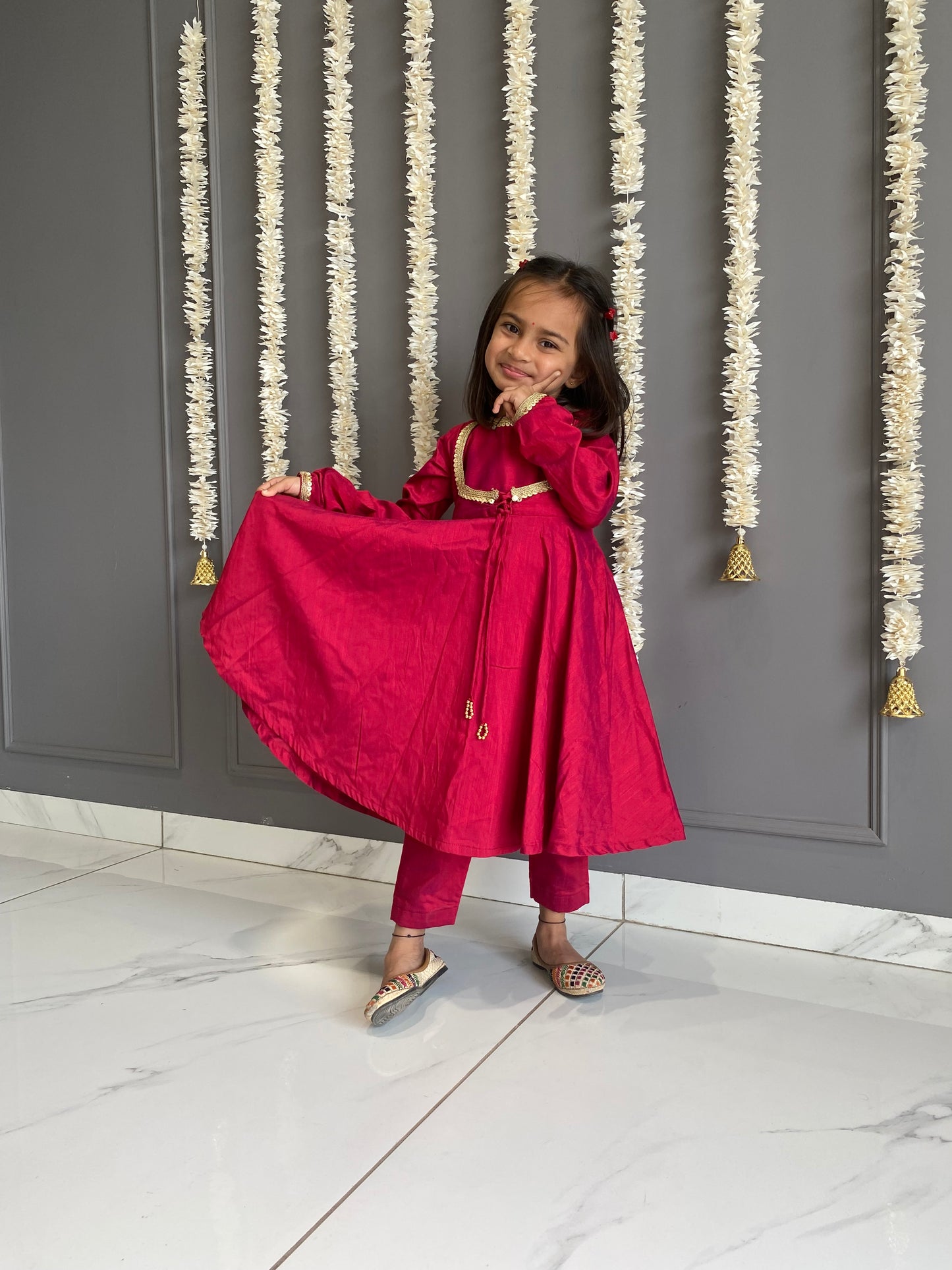 Tomato Red Anarkali Suit Set Kids