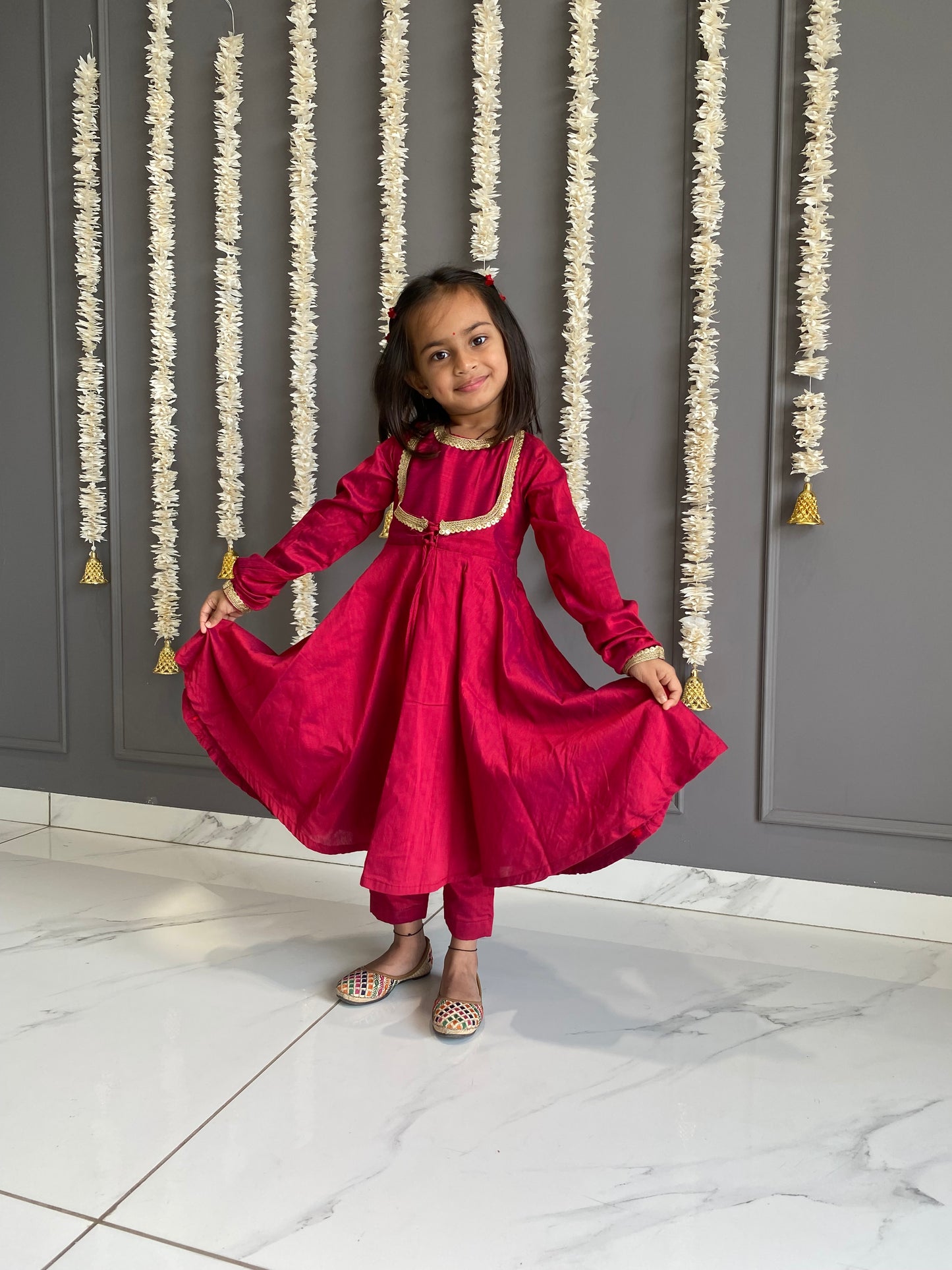 Tomato Red Anarkali Suit Set Kids
