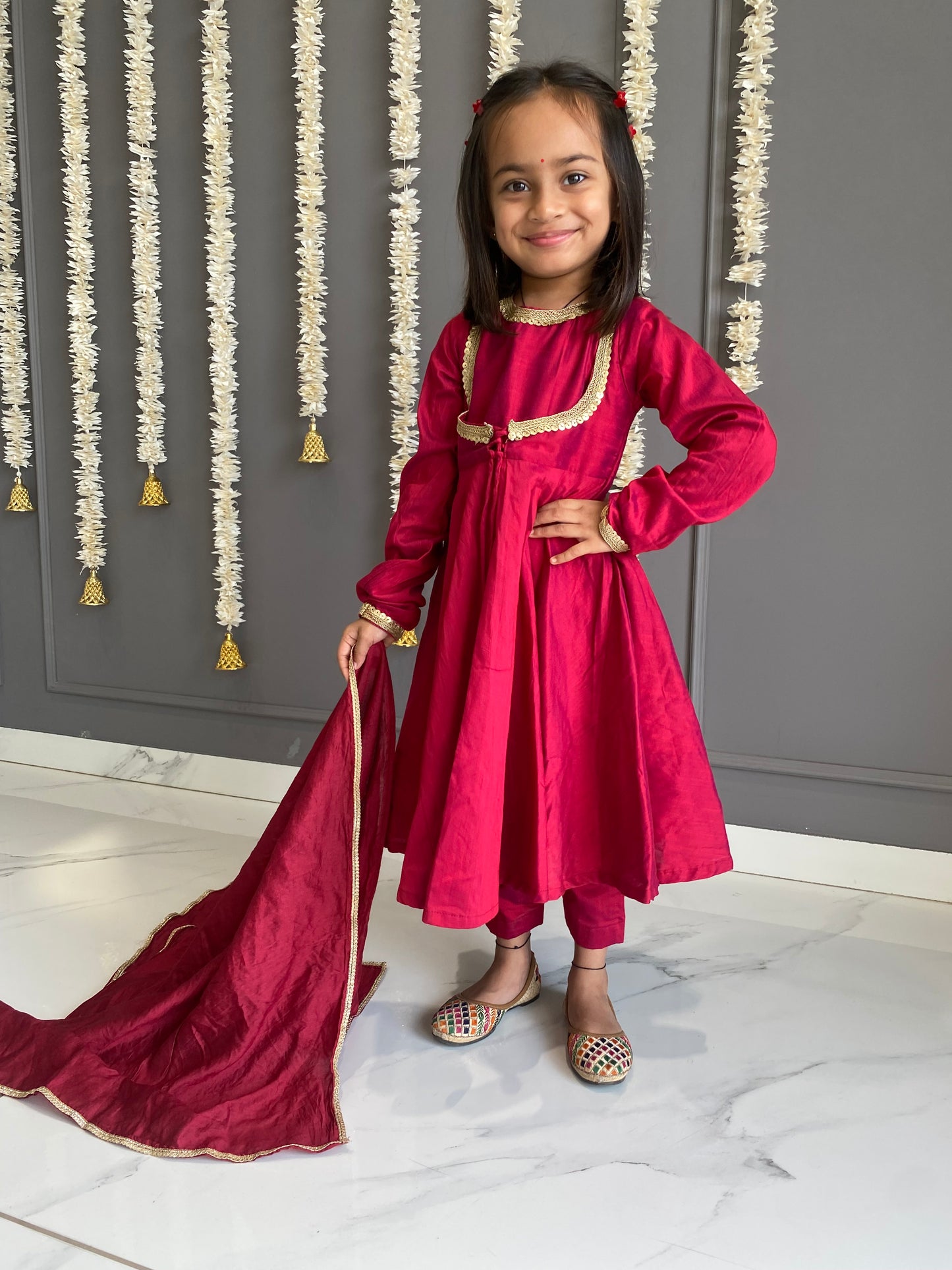 Tomato Red Anarkali Suit Set Kids