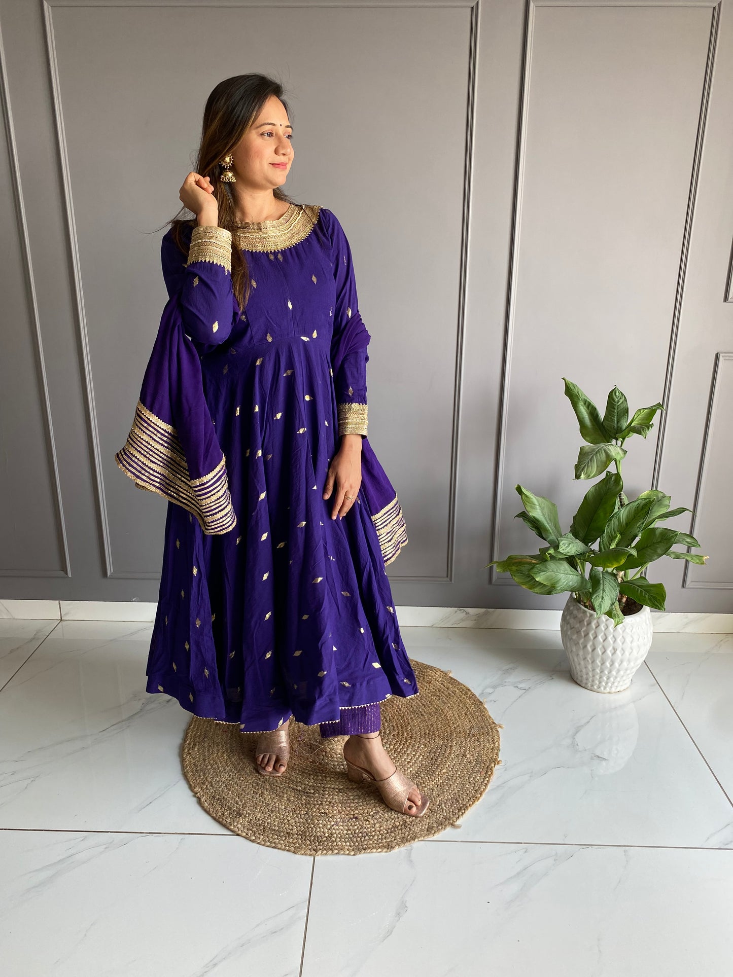 Purple Cotton Anarkali Suit Set
