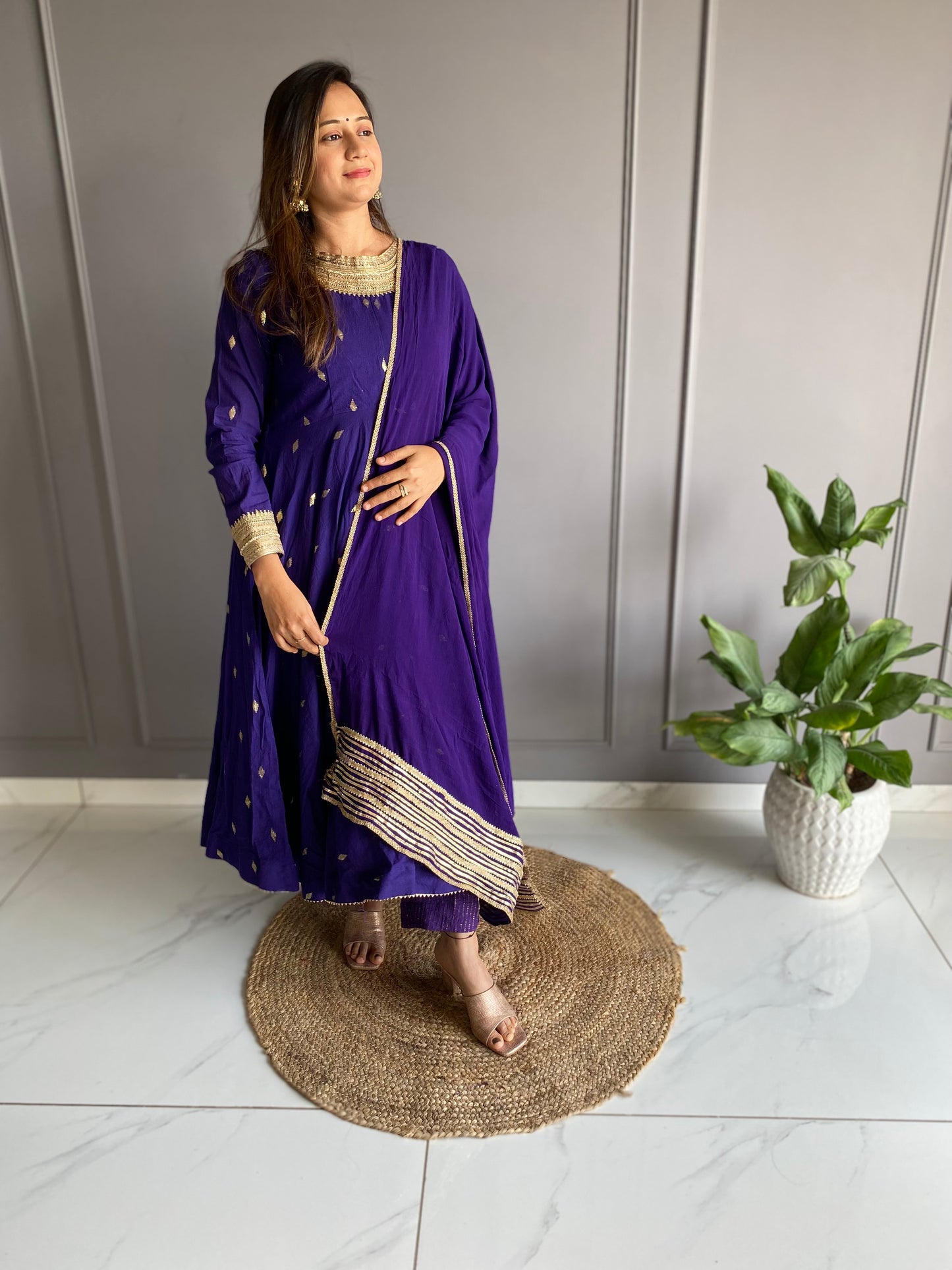 Purple Cotton Anarkali Suit Set