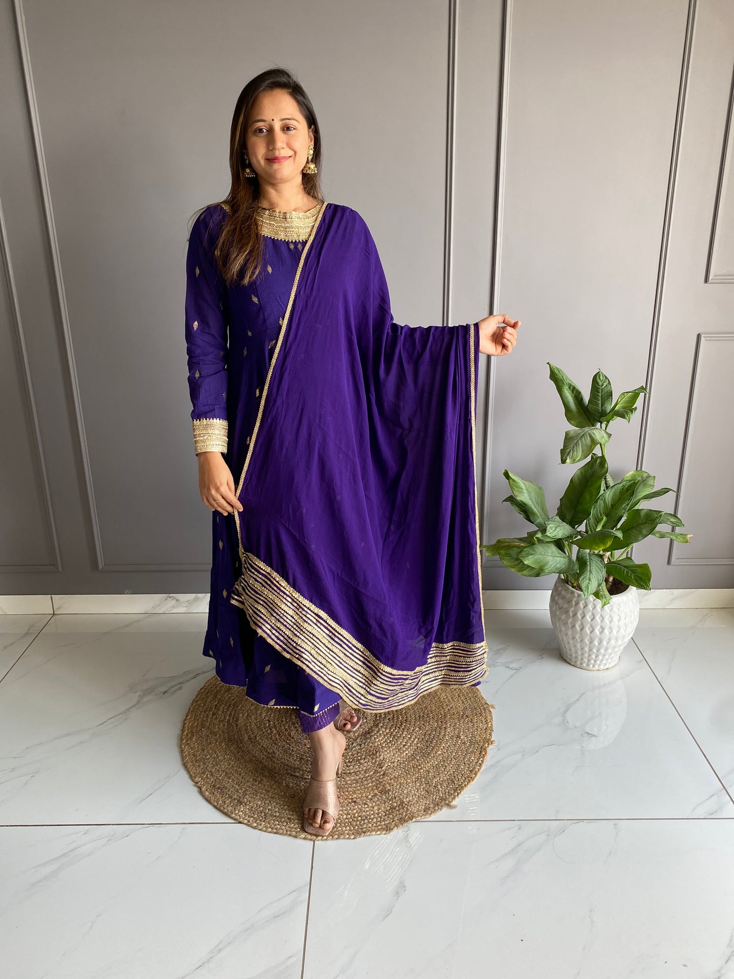 Purple Cotton Anarkali Suit Set