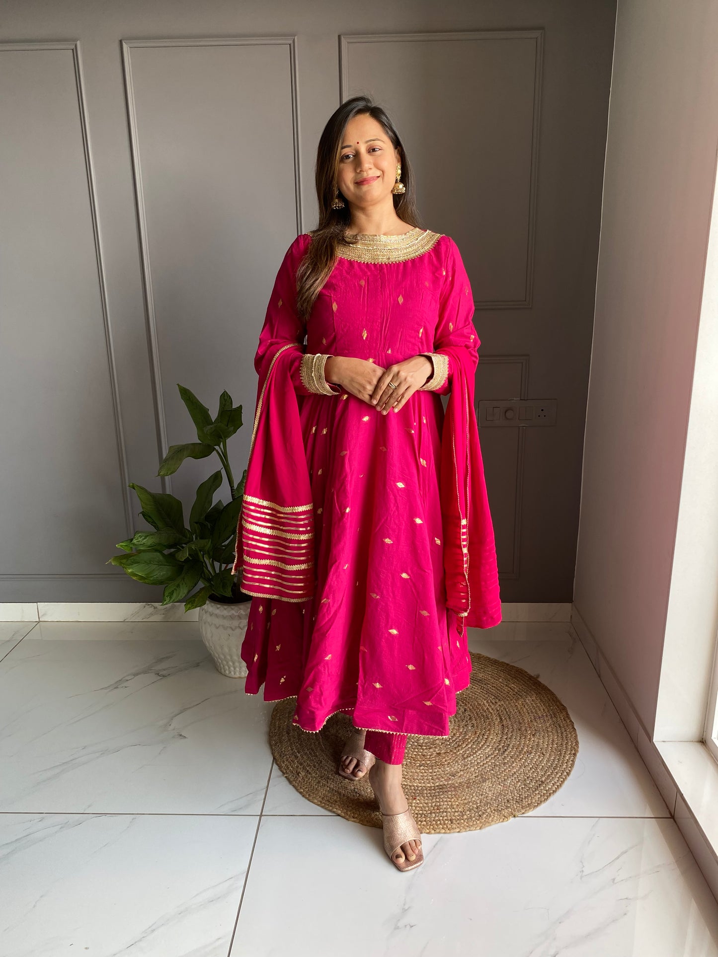 Pink Cotton Anarkali Suit Set