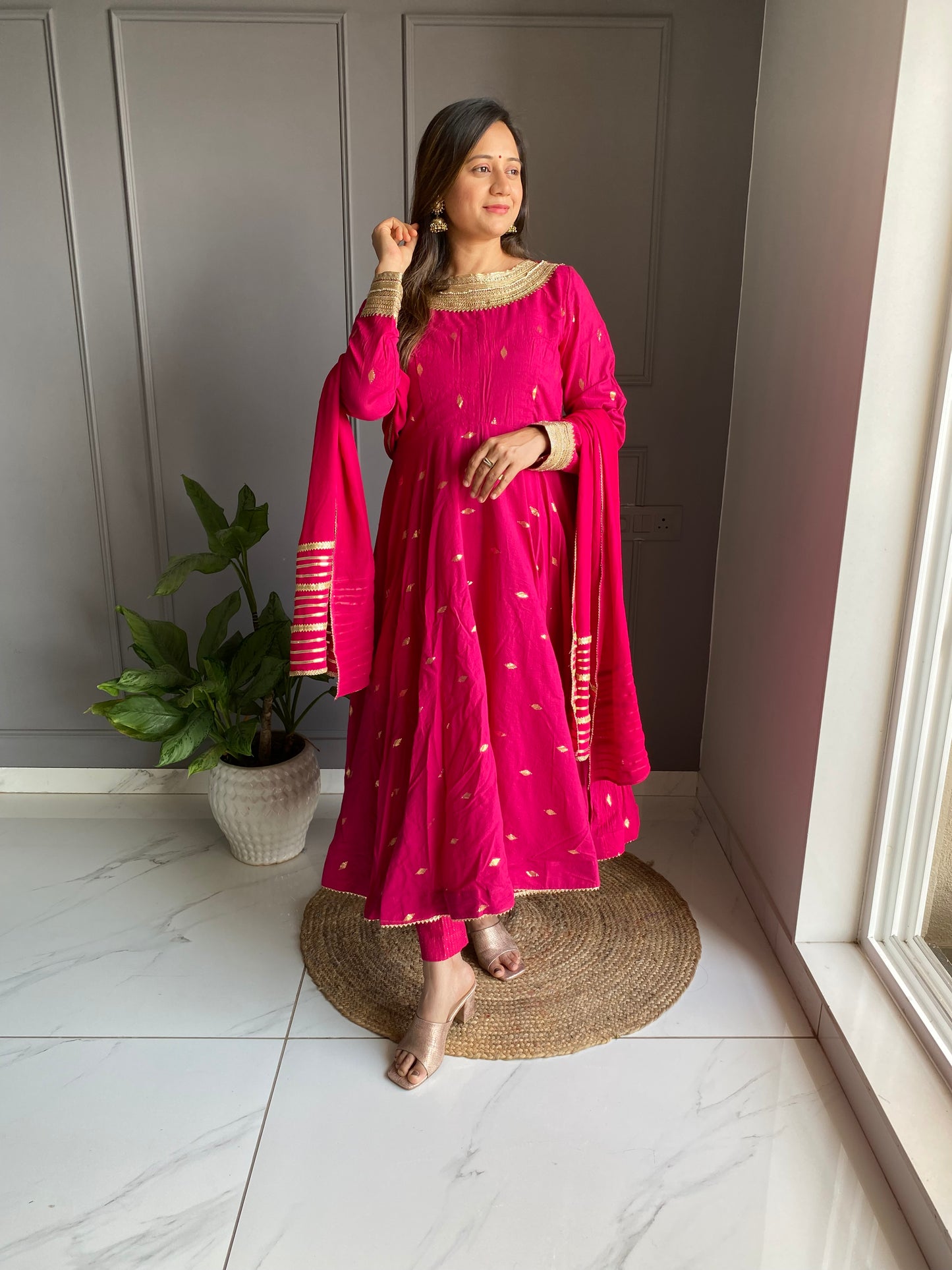 Pink Cotton Anarkali Suit Set