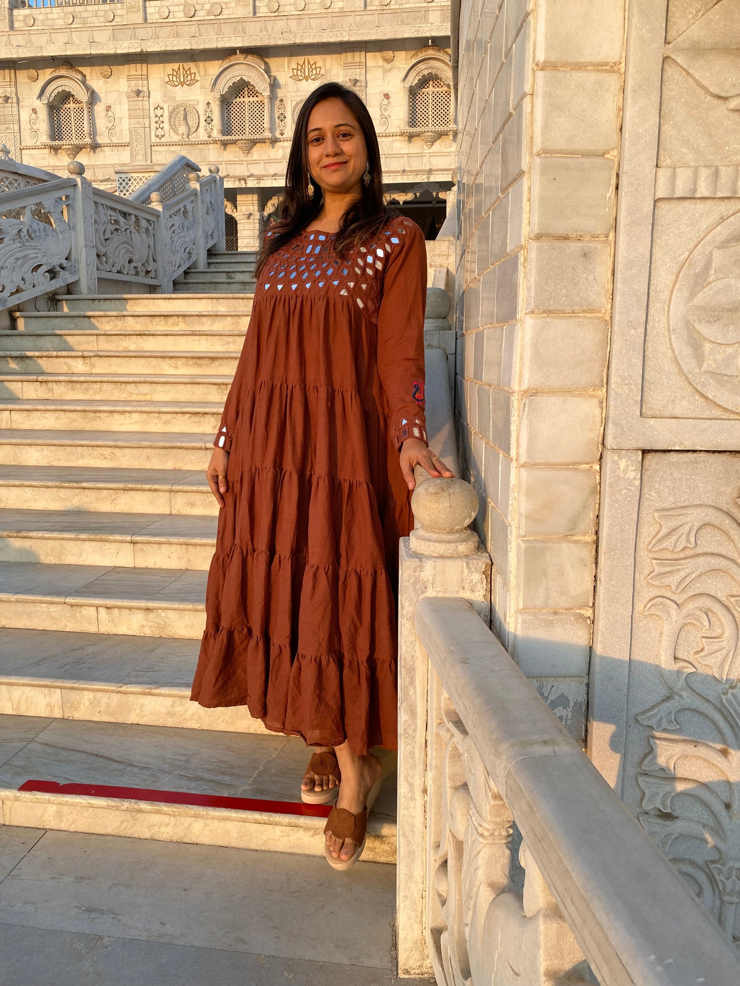 Brown Cotton Mirror Work Long Dress