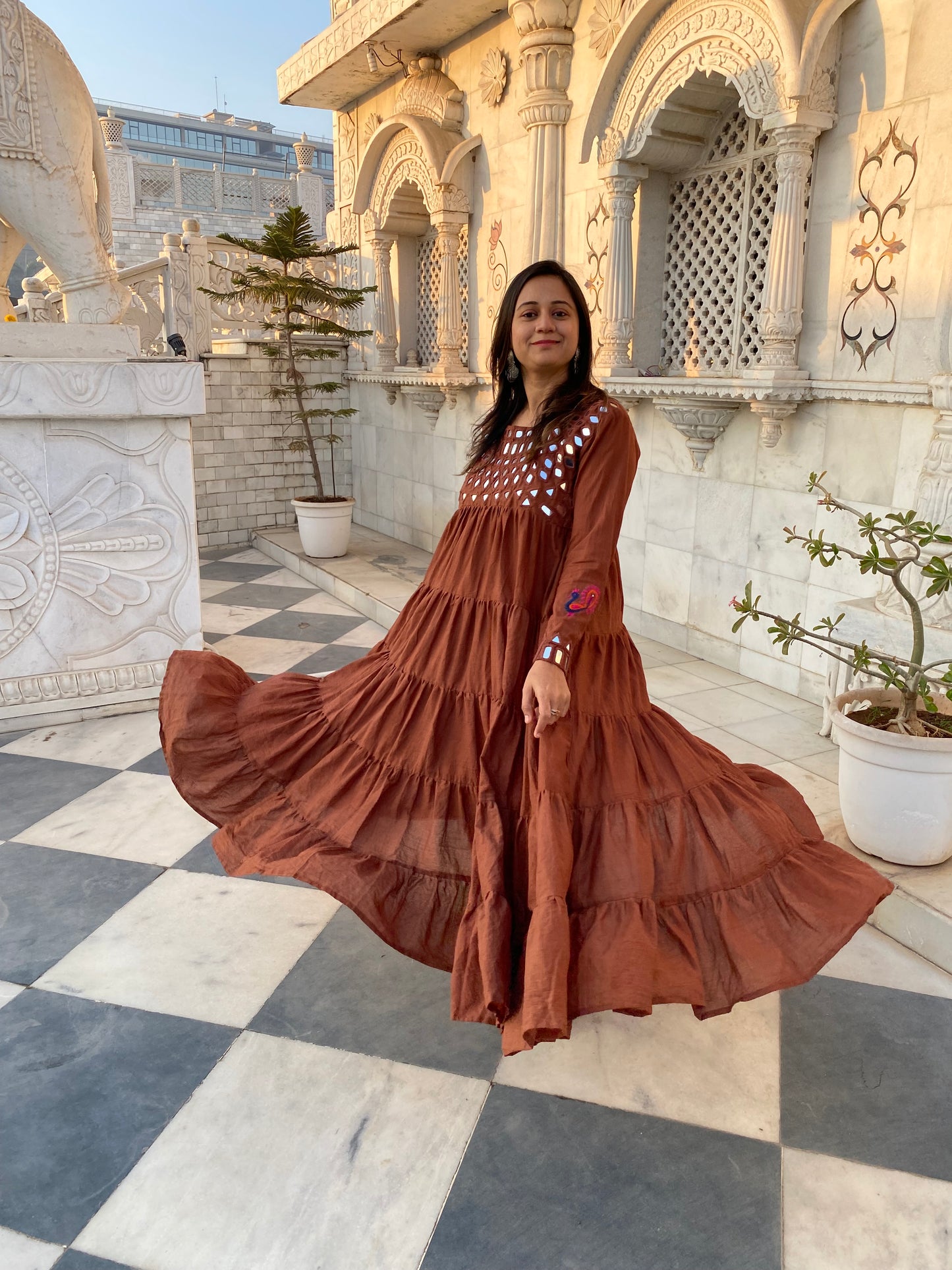 Brown Cotton Mirror Work Long Dress
