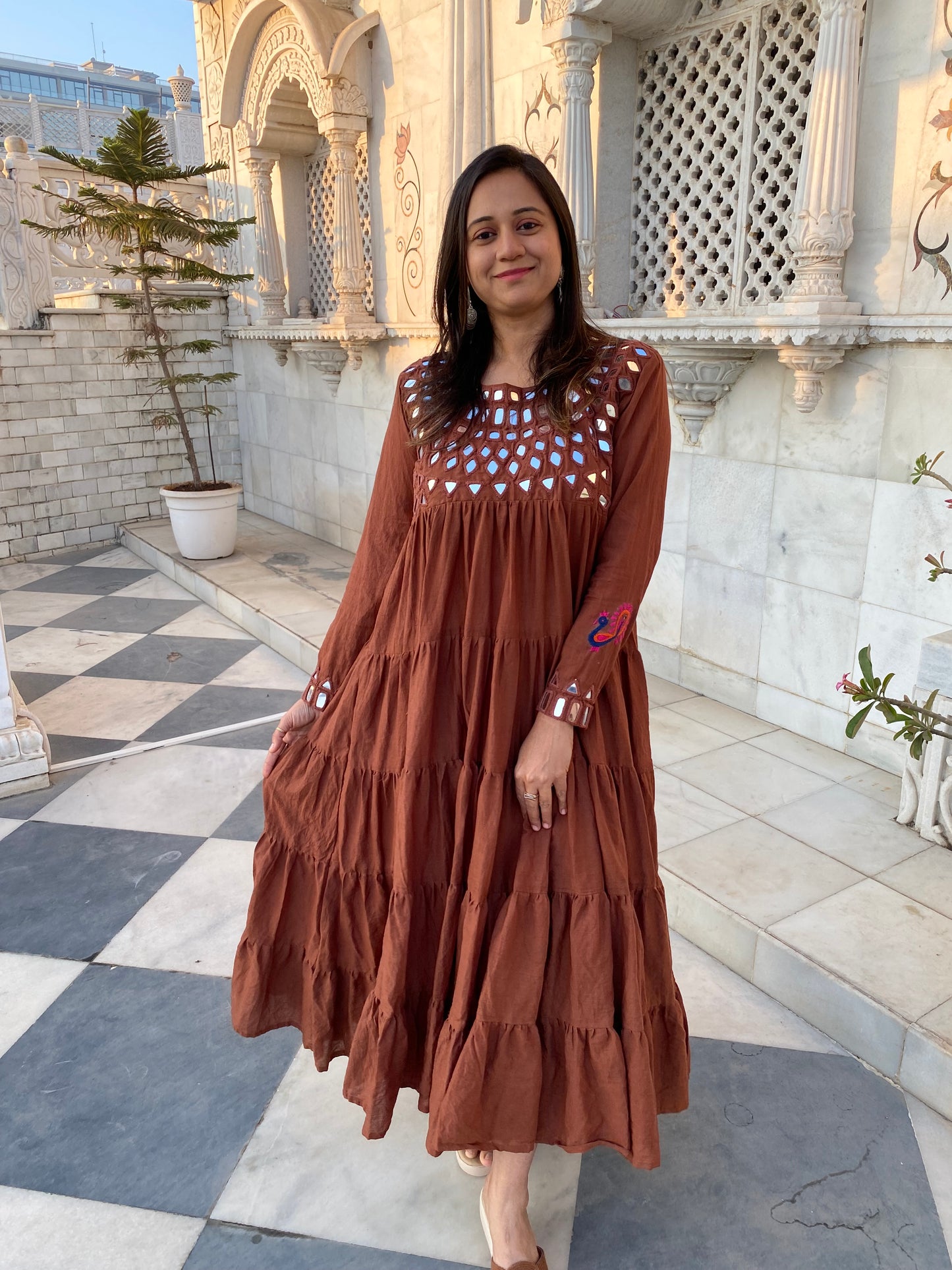 Brown Cotton Mirror Work Long Dress