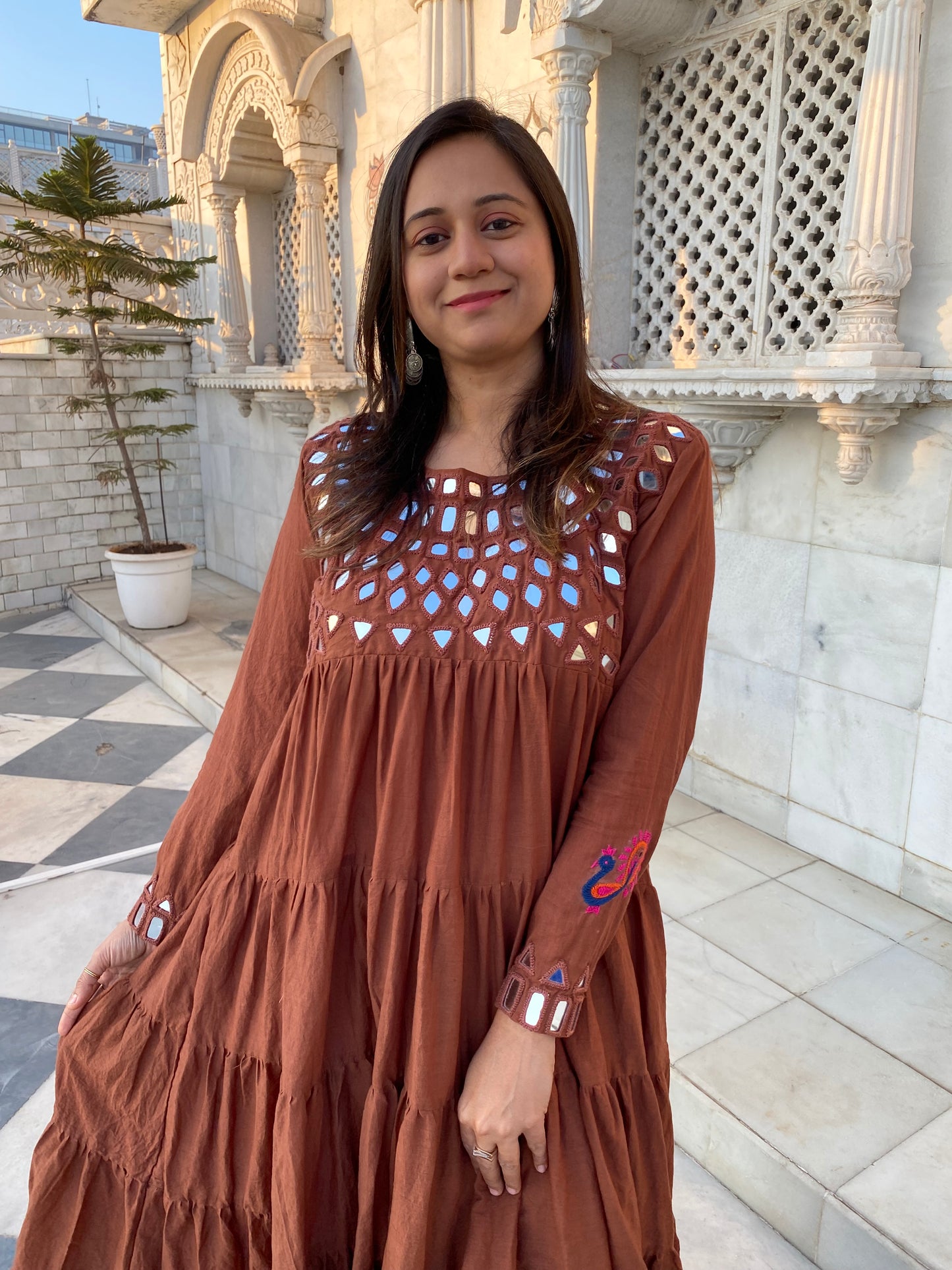 Brown Cotton Mirror Work Long Dress