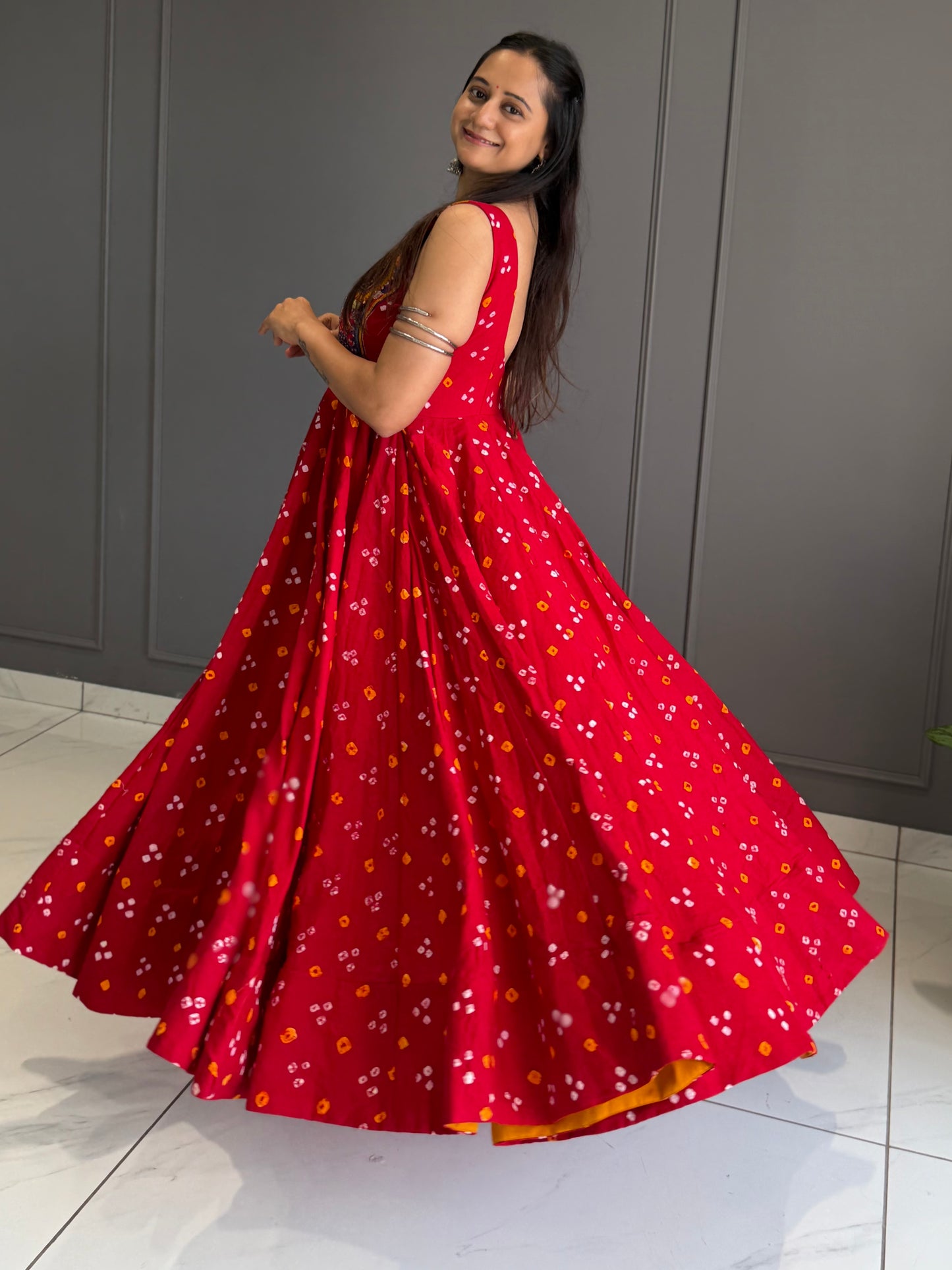 Red Bandhej Cotton Silk Dress