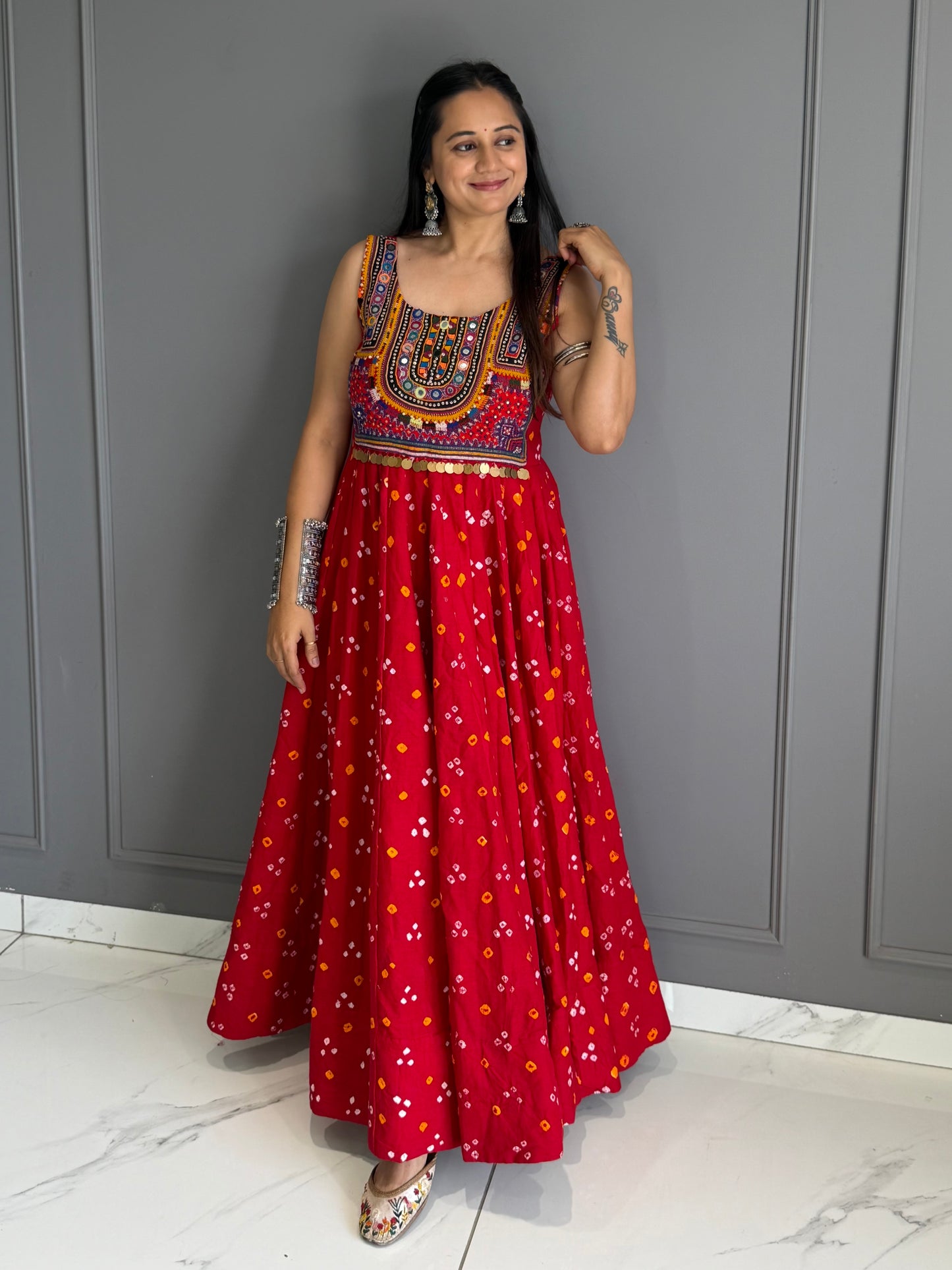 Red Bandhej Cotton Silk Dress
