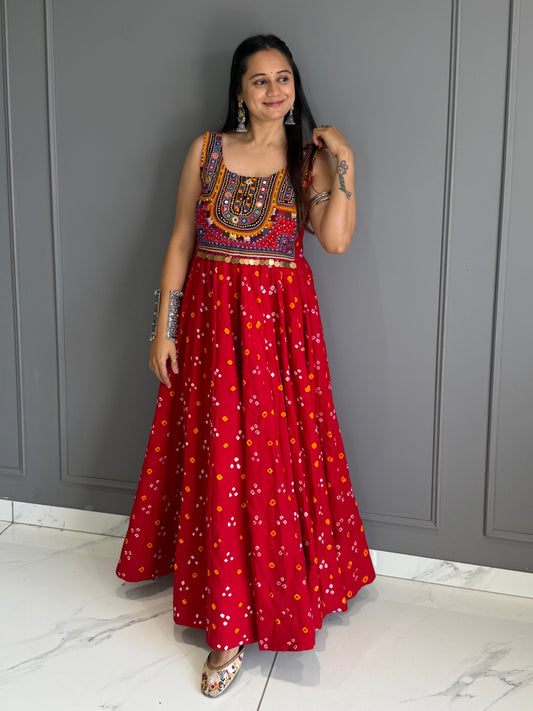 Red Bandhej Cotton Silk Dress