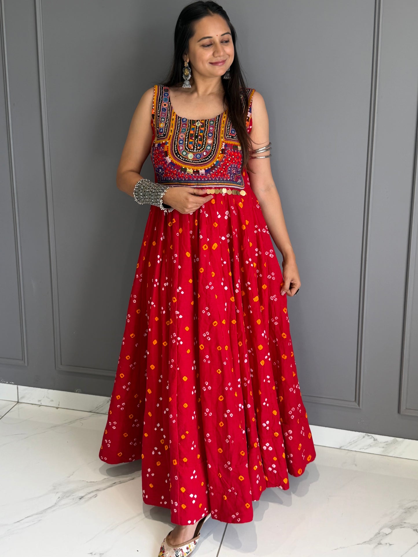 Red Bandhej Cotton Silk Dress