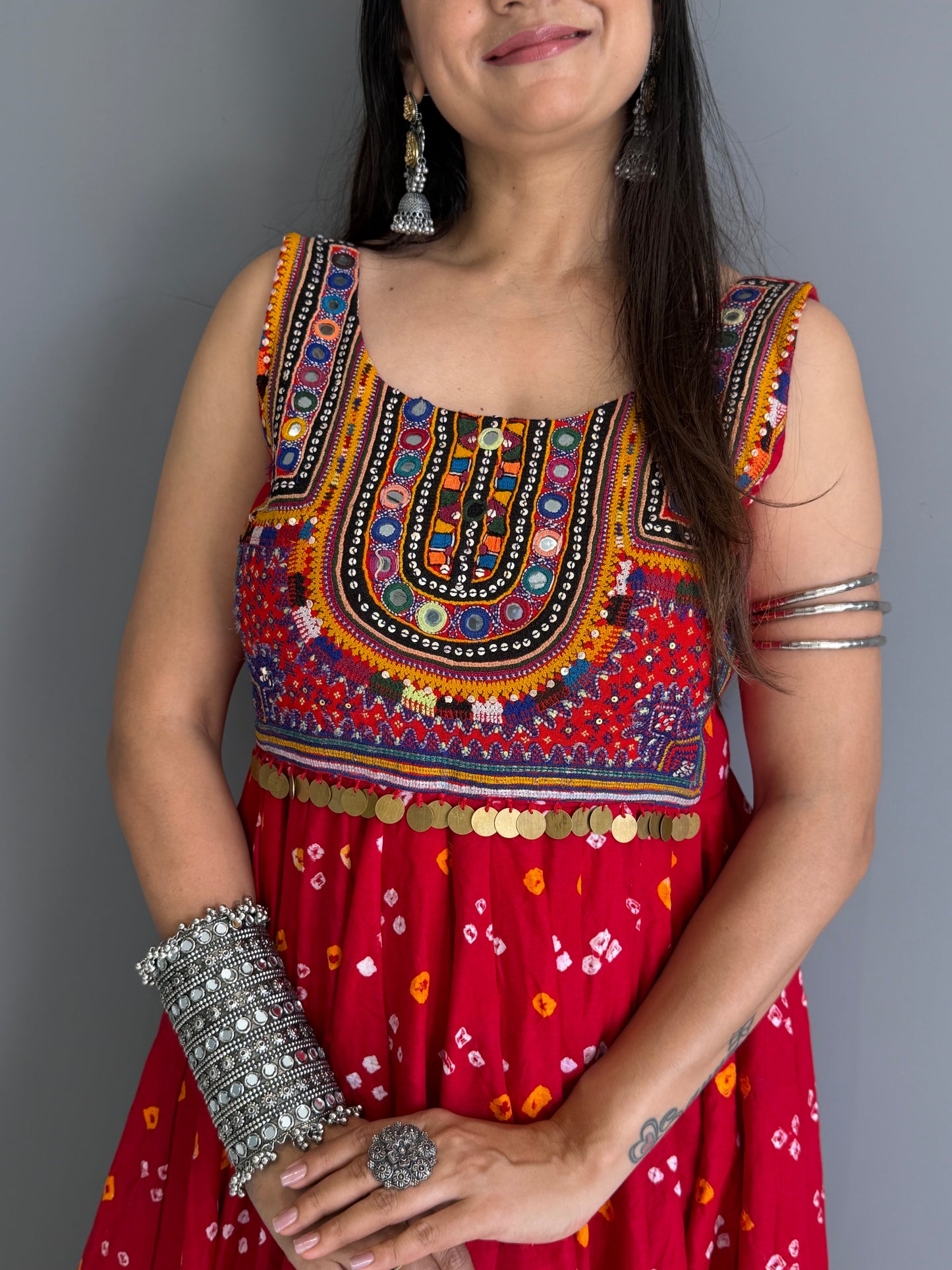 Red Bandhej Cotton Silk Dress