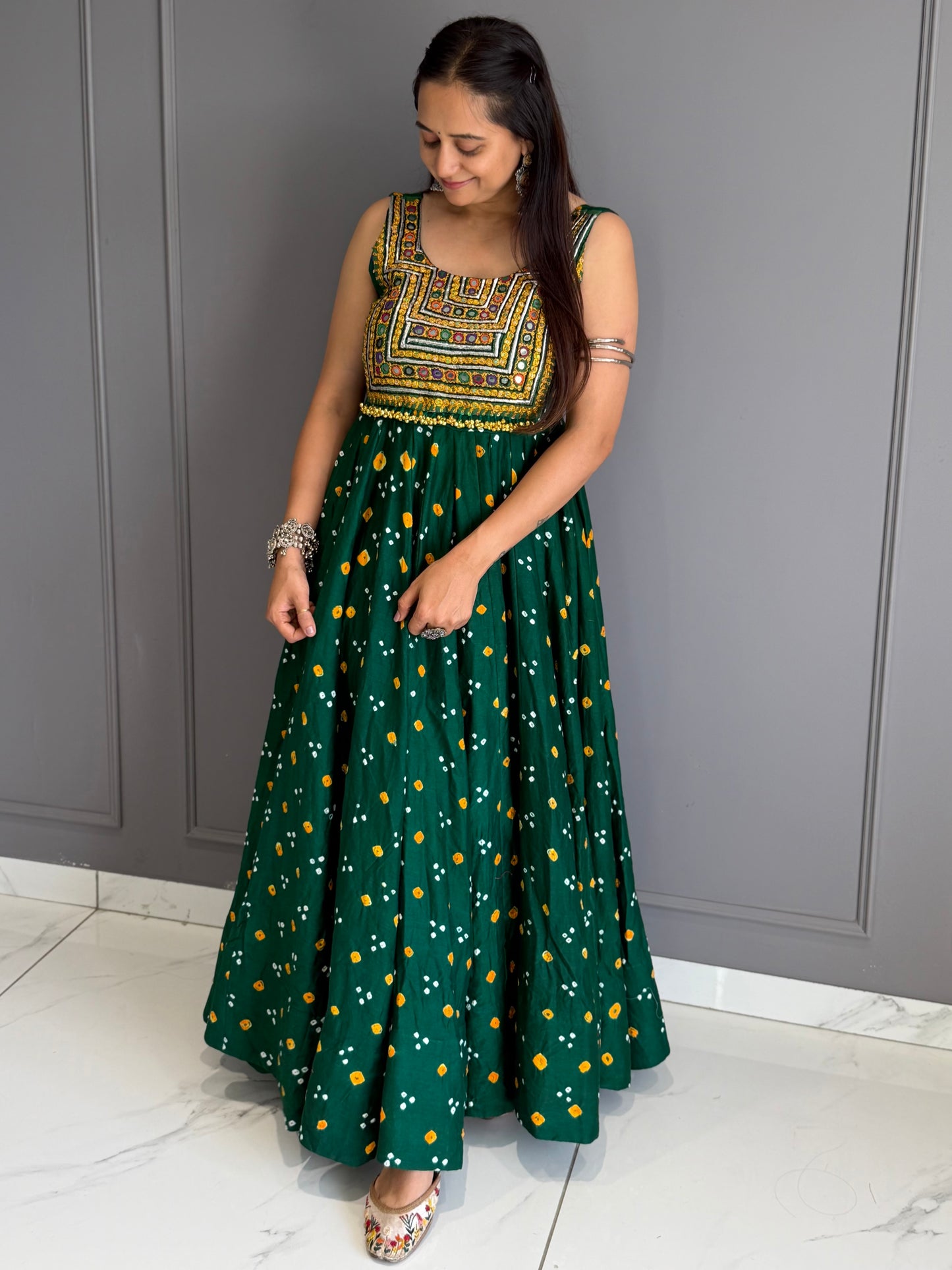 Green Bandhej Cotton Silk Dress
