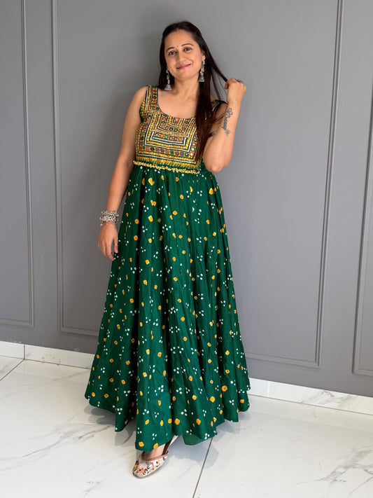 Green Bandhej Cotton Silk Dress