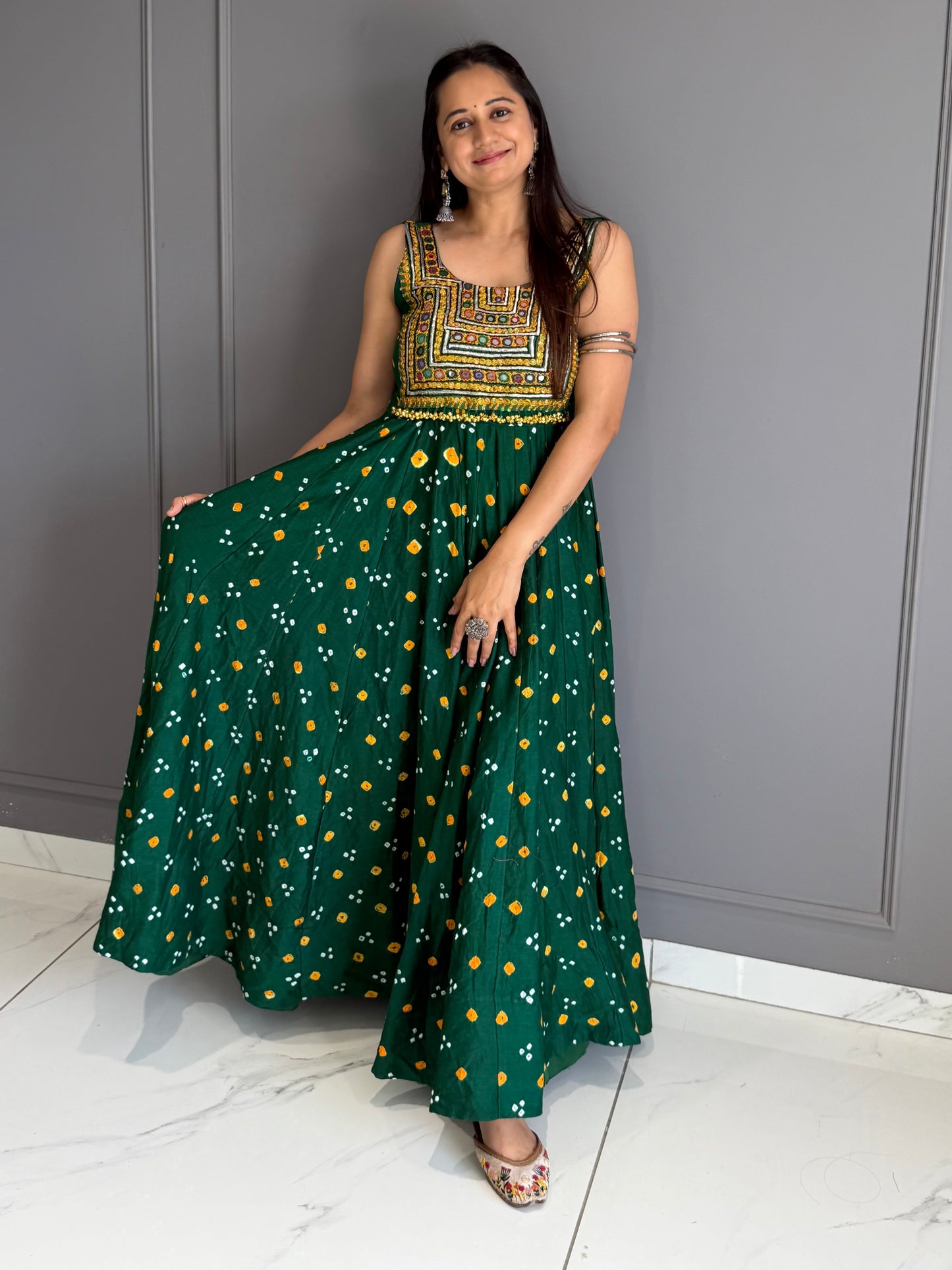 Green Bandhej Cotton Silk Dress