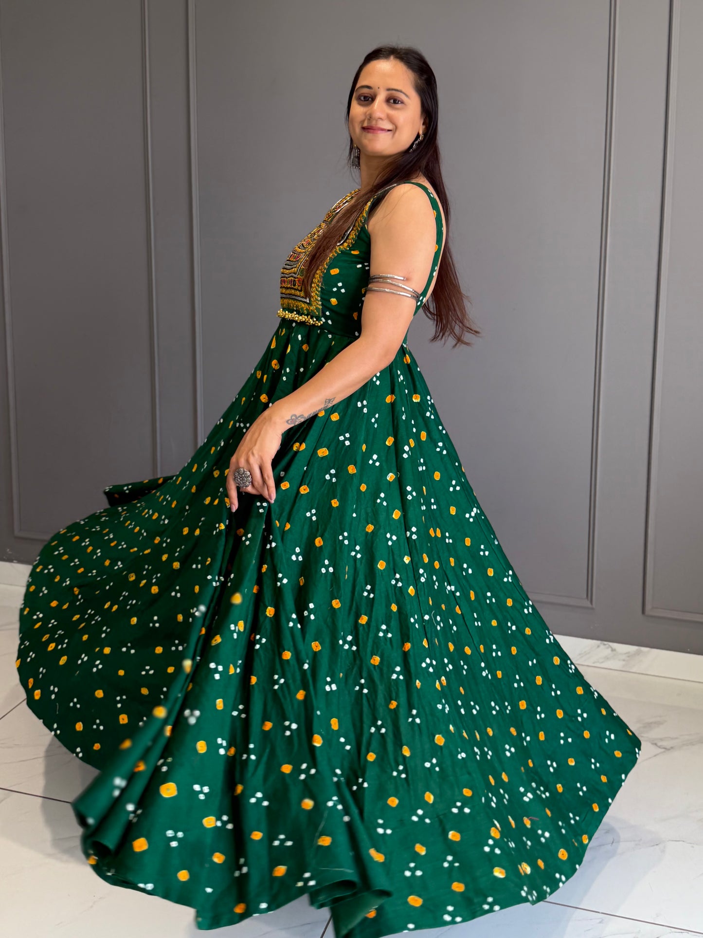 Green Bandhej Cotton Silk Dress