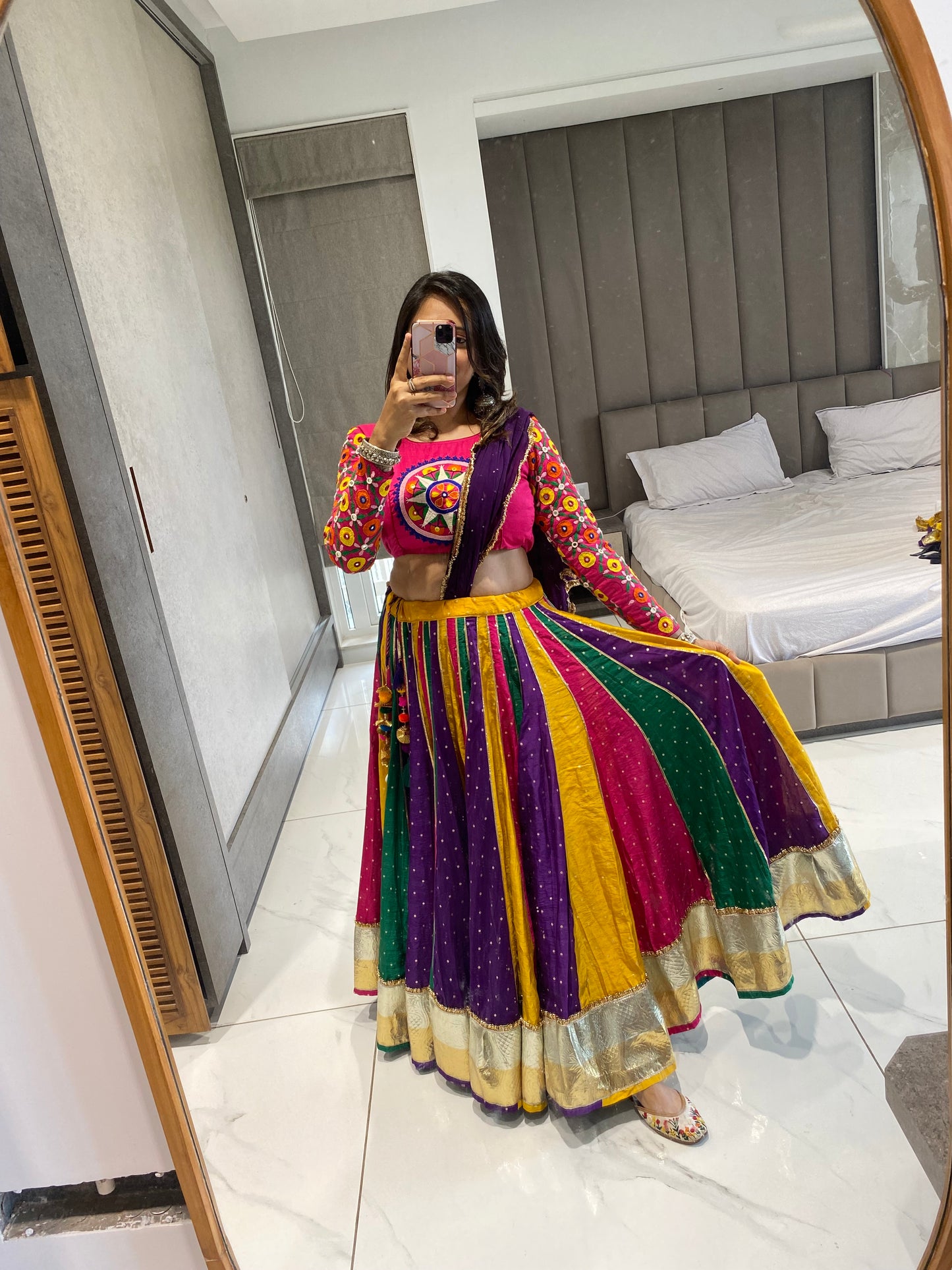 Pink Gamthi Blouse With Chanderi Multi Butti  Chaniya