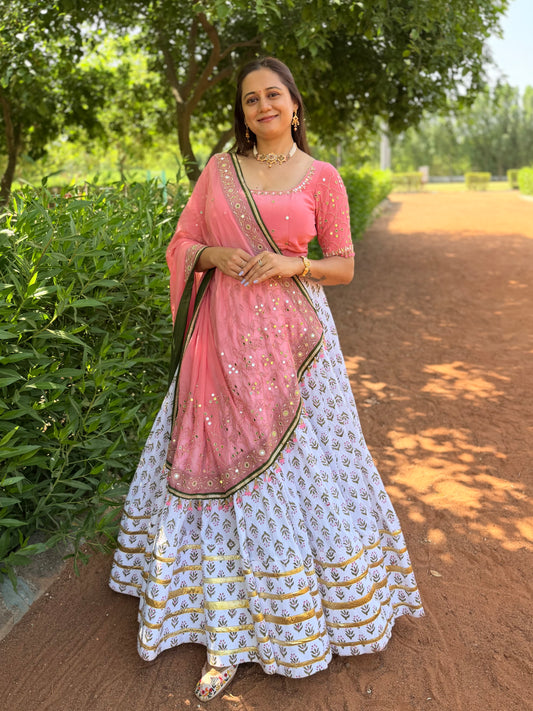 White and Peach Chaniya Choli Set