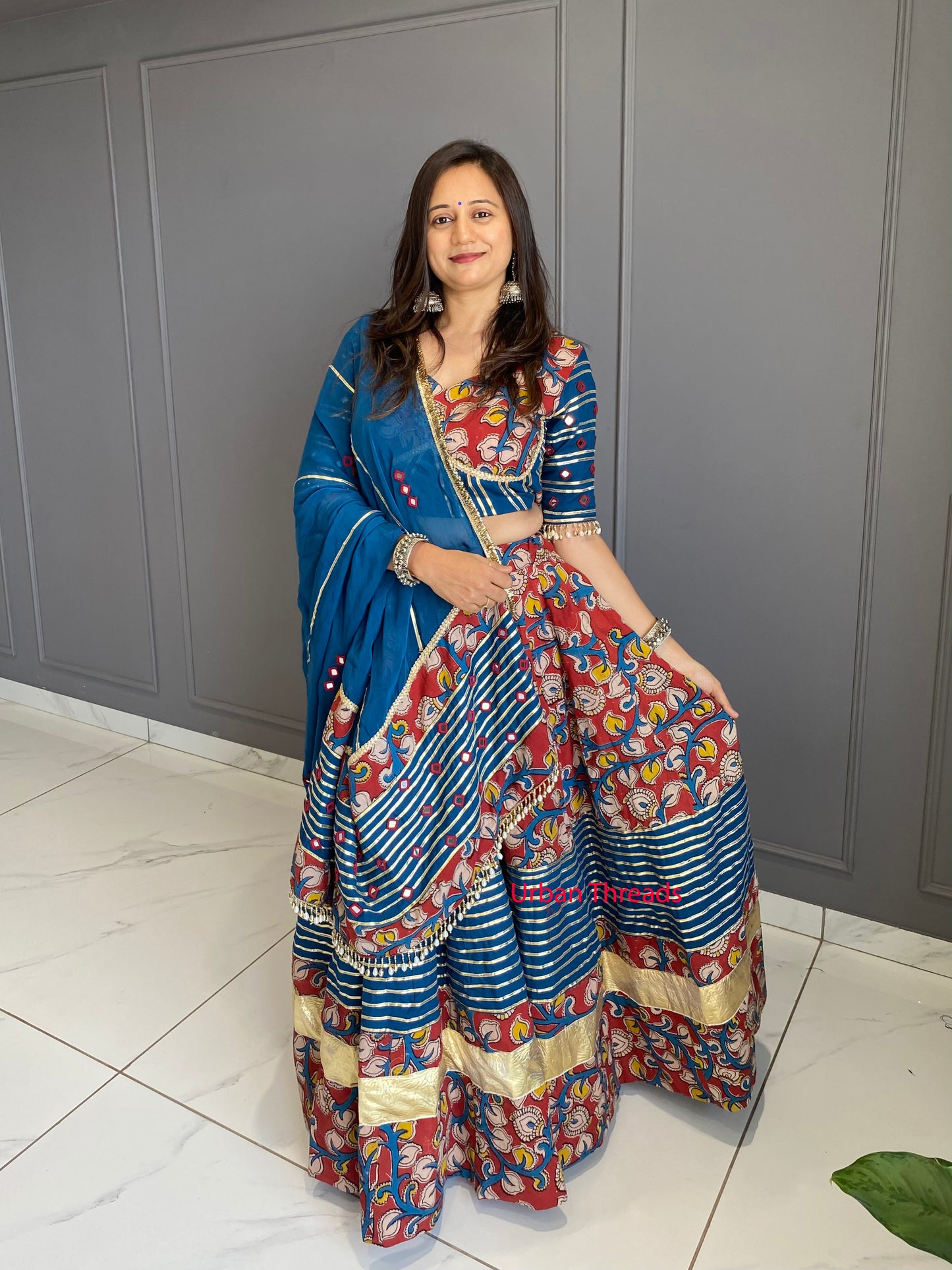 Blue and Marron Cotton Kalamkari Chaniya Choli