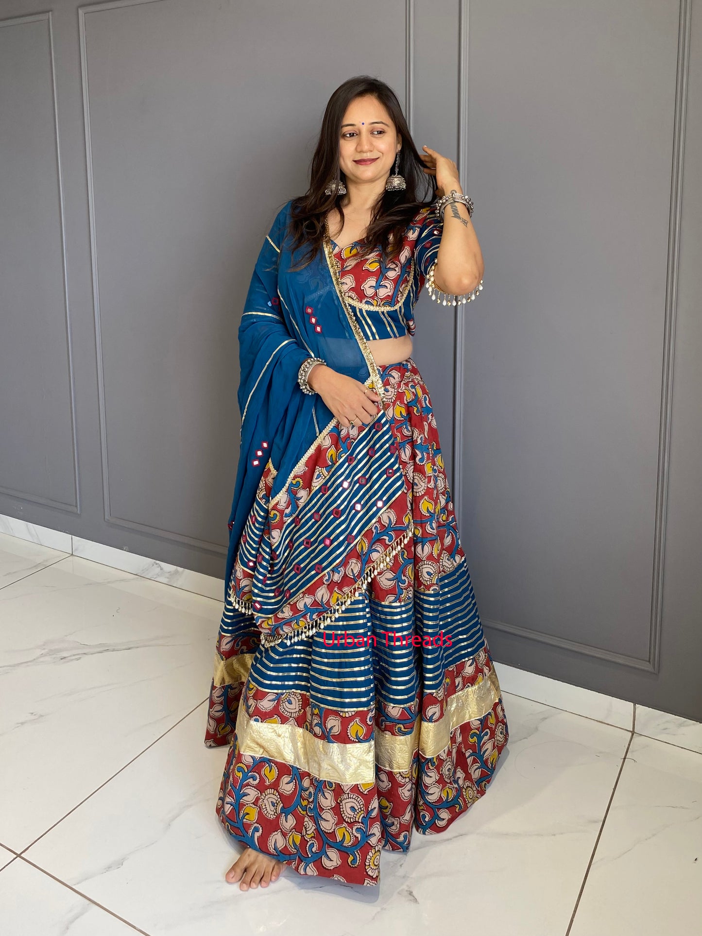 Blue and Marron Cotton Kalamkari Chaniya Choli