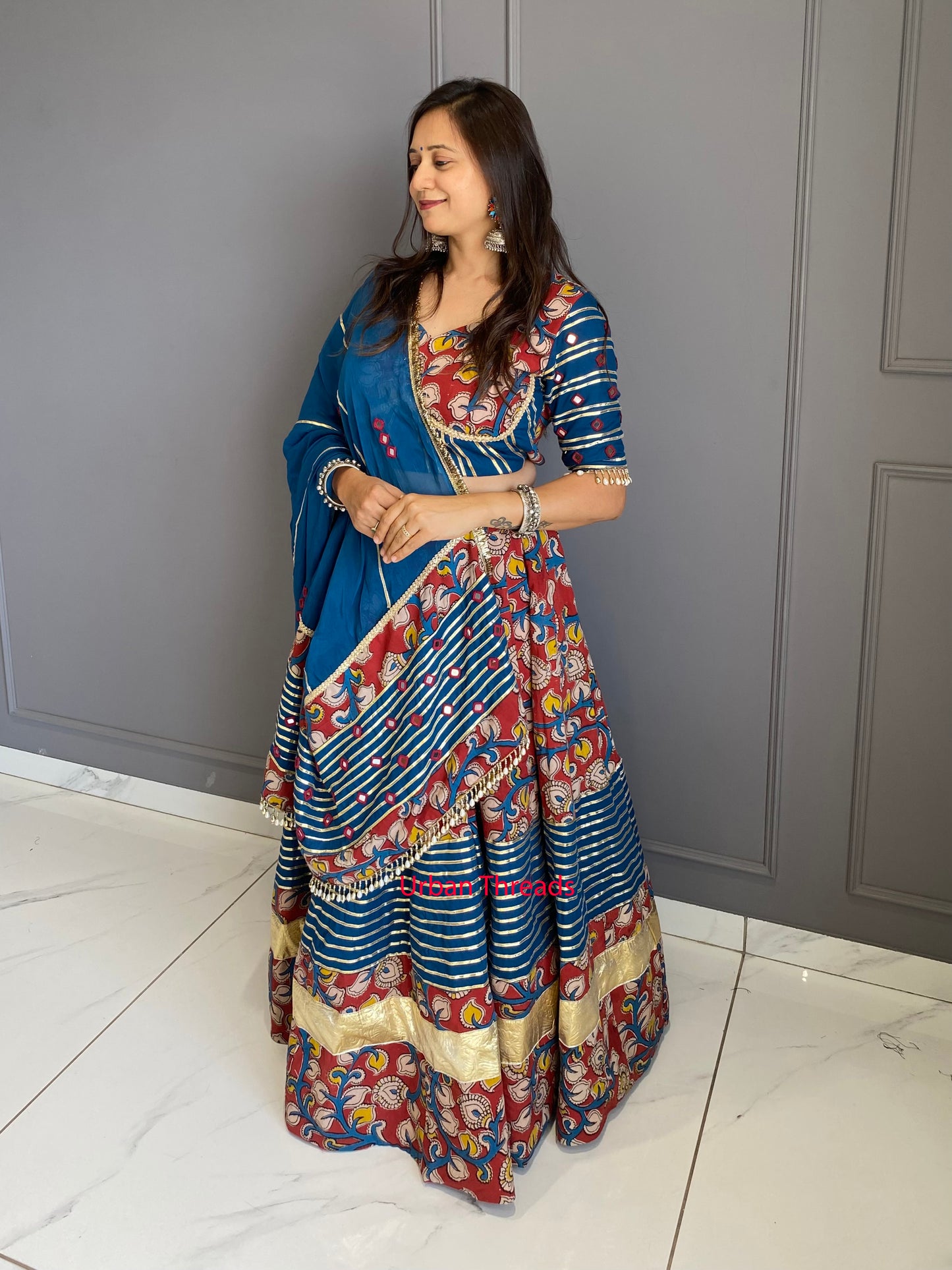 Blue and Marron Cotton Kalamkari Chaniya Choli